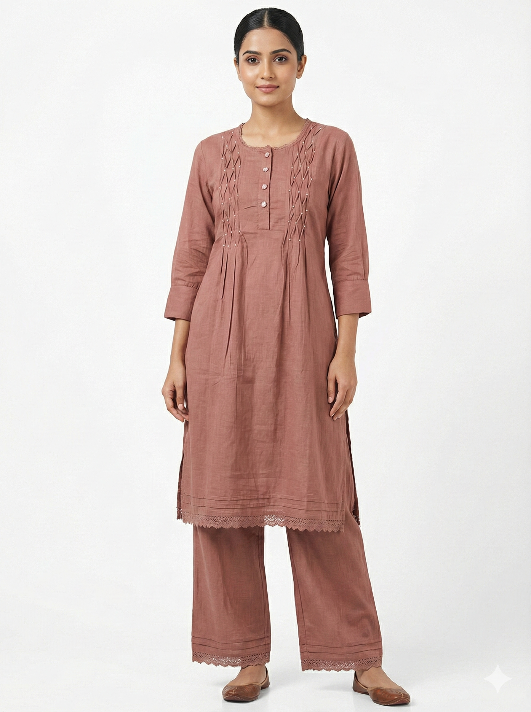 Dusty Rose Embroidered Cotton Kurta Pant Set for Women