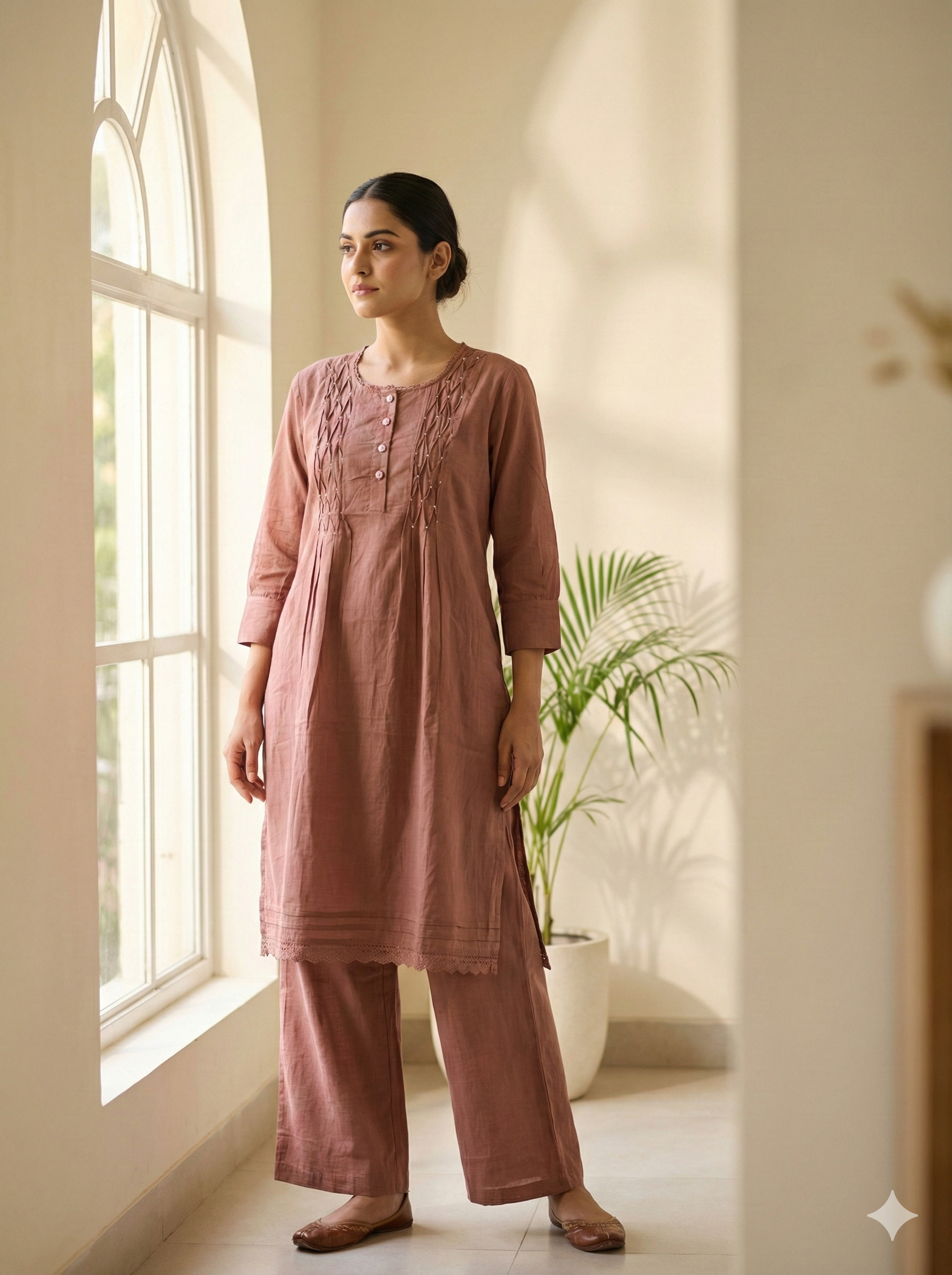 Dusty Rose Embroidered Cotton Kurta Pant Set for Women