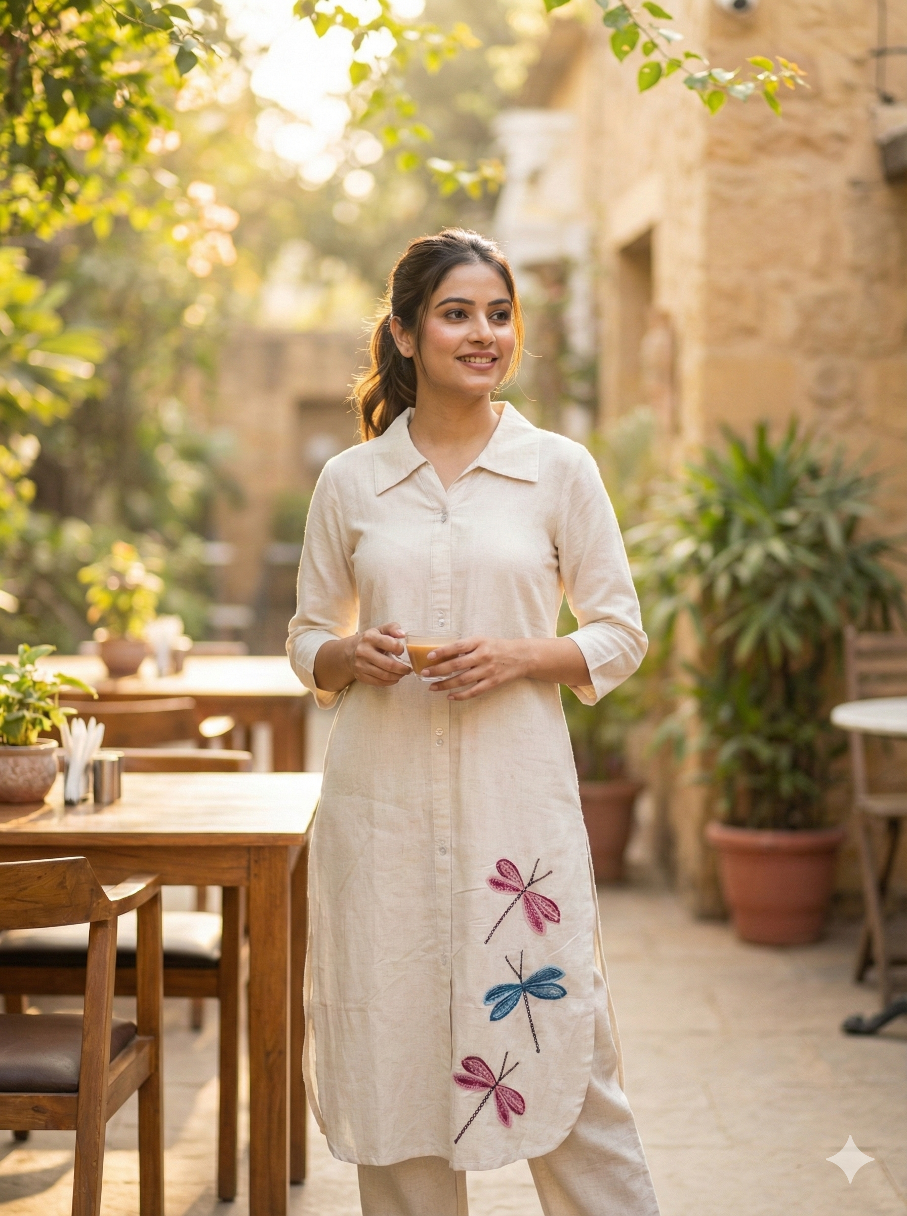 Elegant Off White Dragonfly Embroidered Cotton Co-ord Set for Women