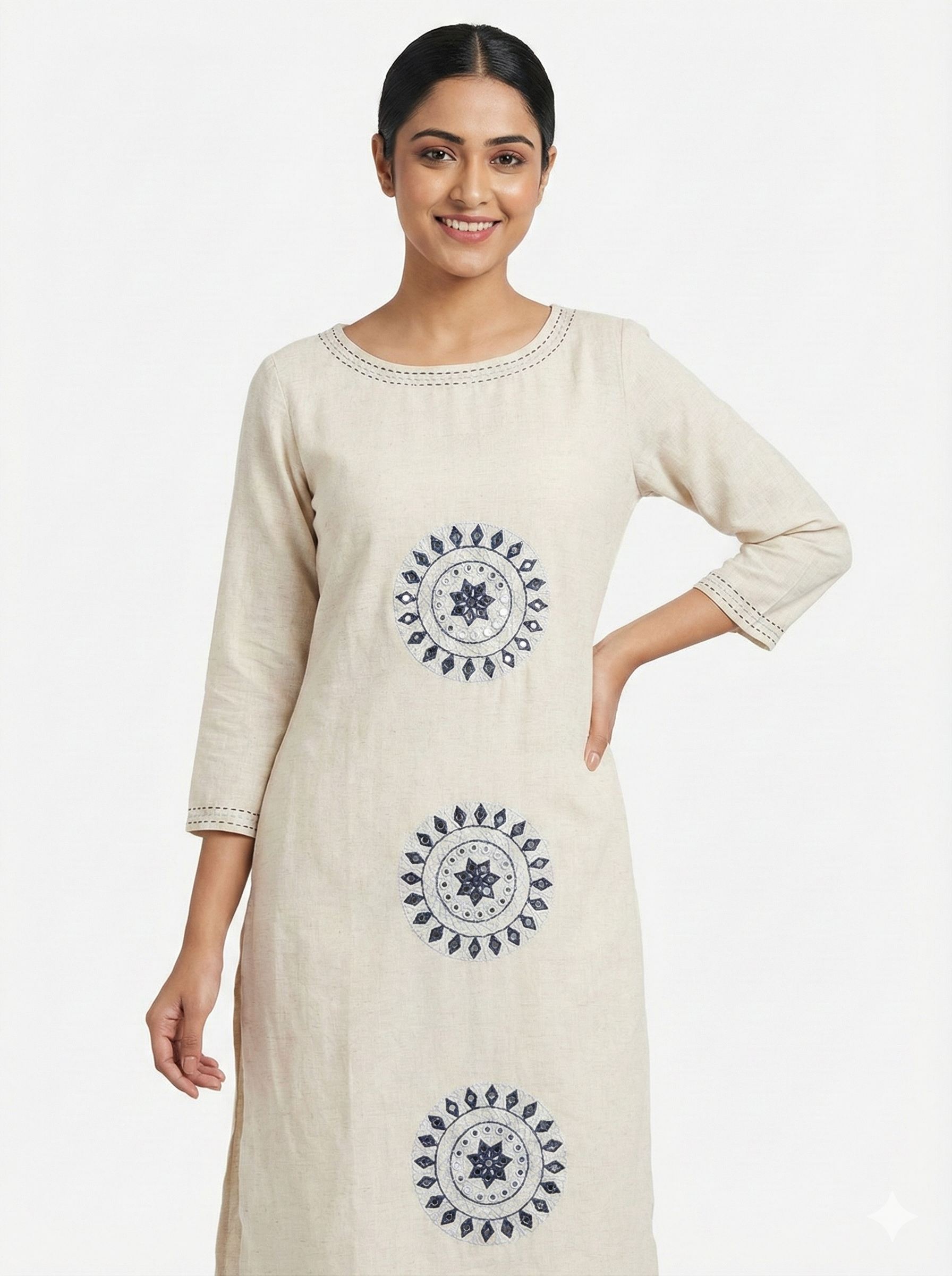 Beige Ethnic Kurta with Circular Mandala Motif Print
