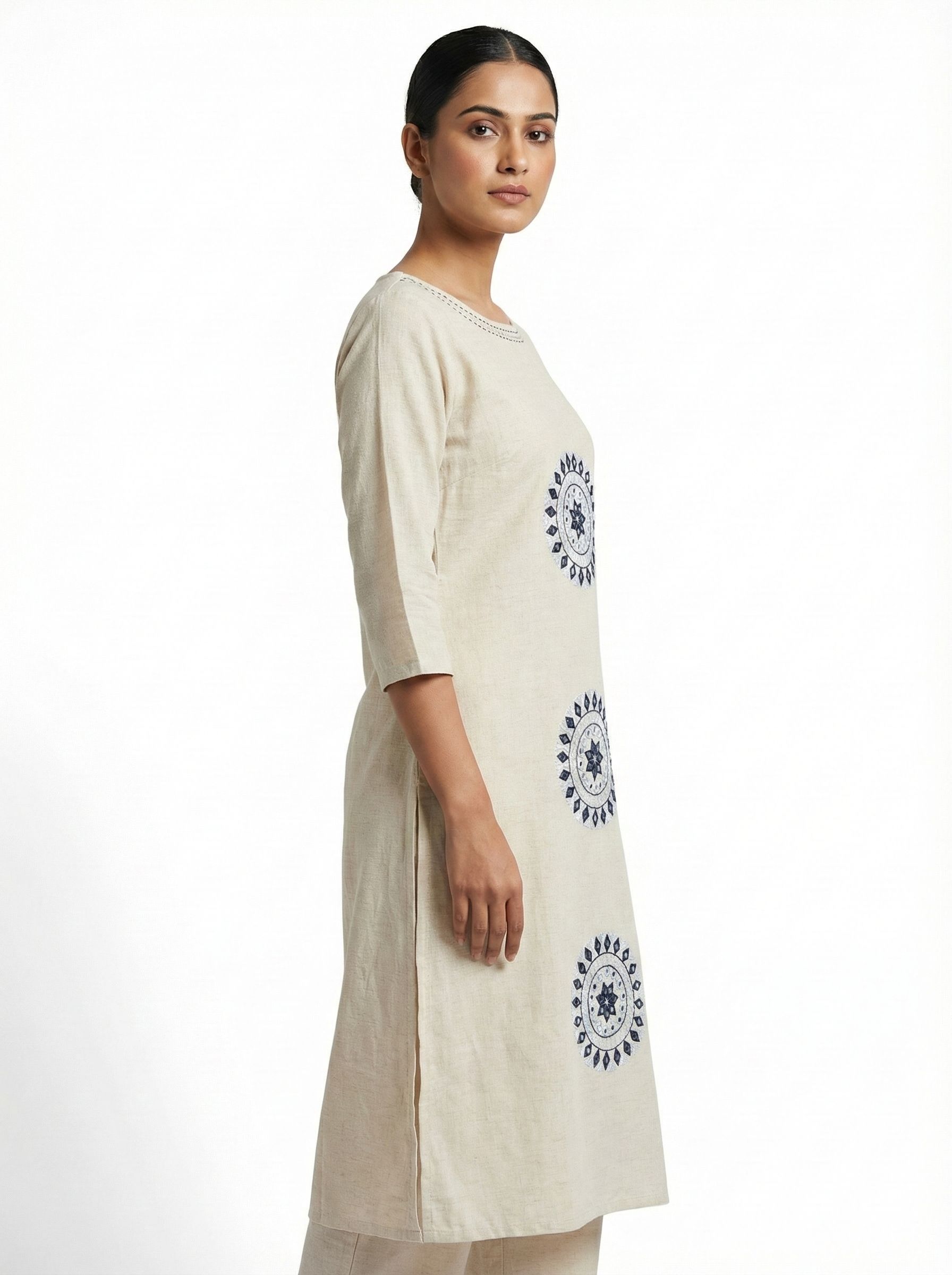Beige Ethnic Kurta with Circular Mandala Motif Print