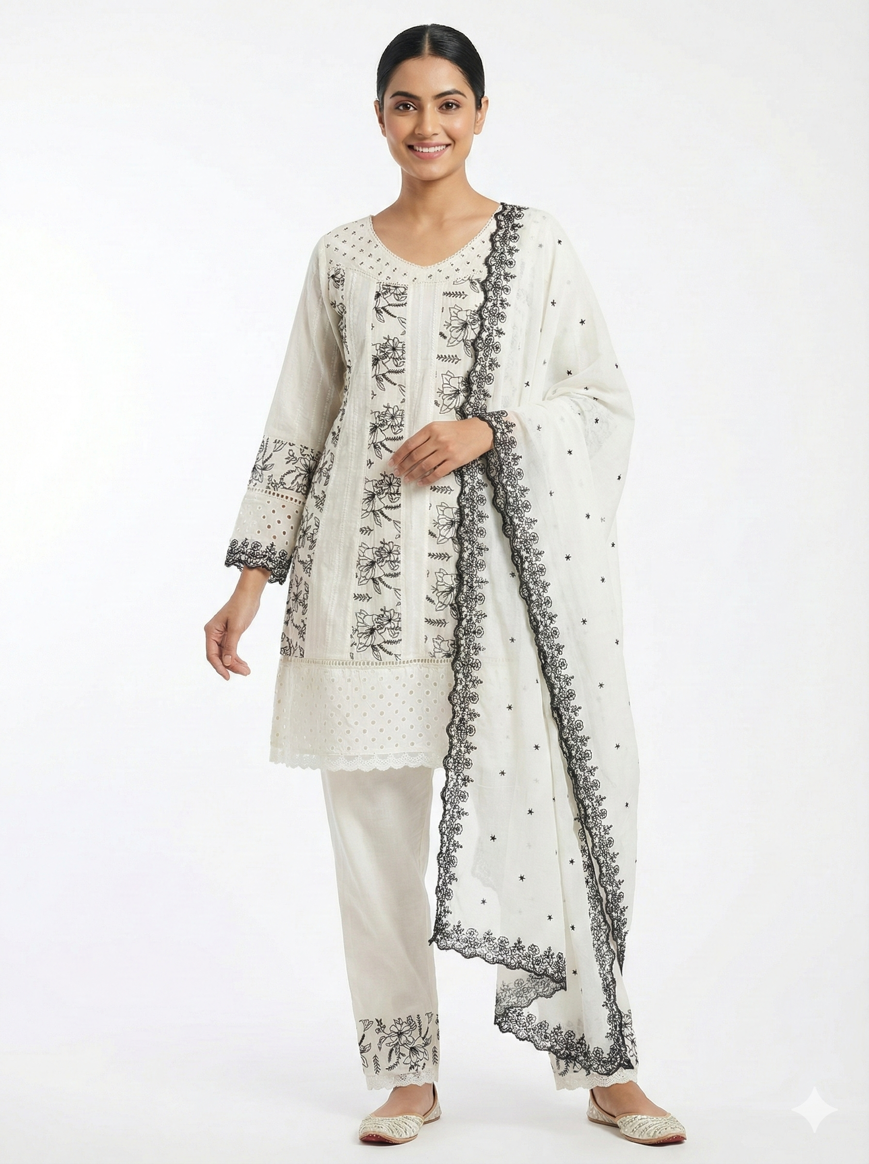 White Black Floral Embroidered Kurta Dupatta Set