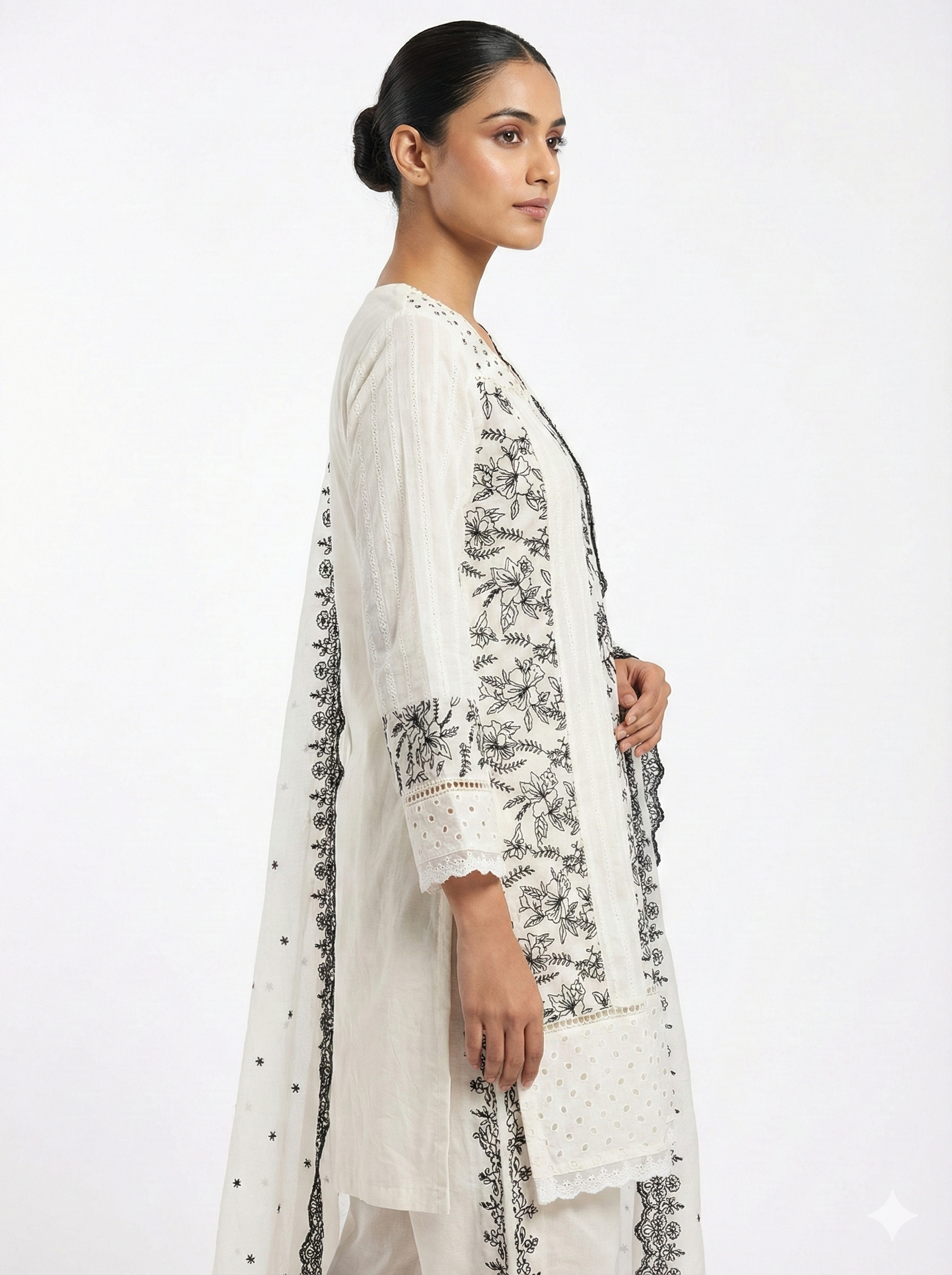 White Black Floral Embroidered Kurta Dupatta Set