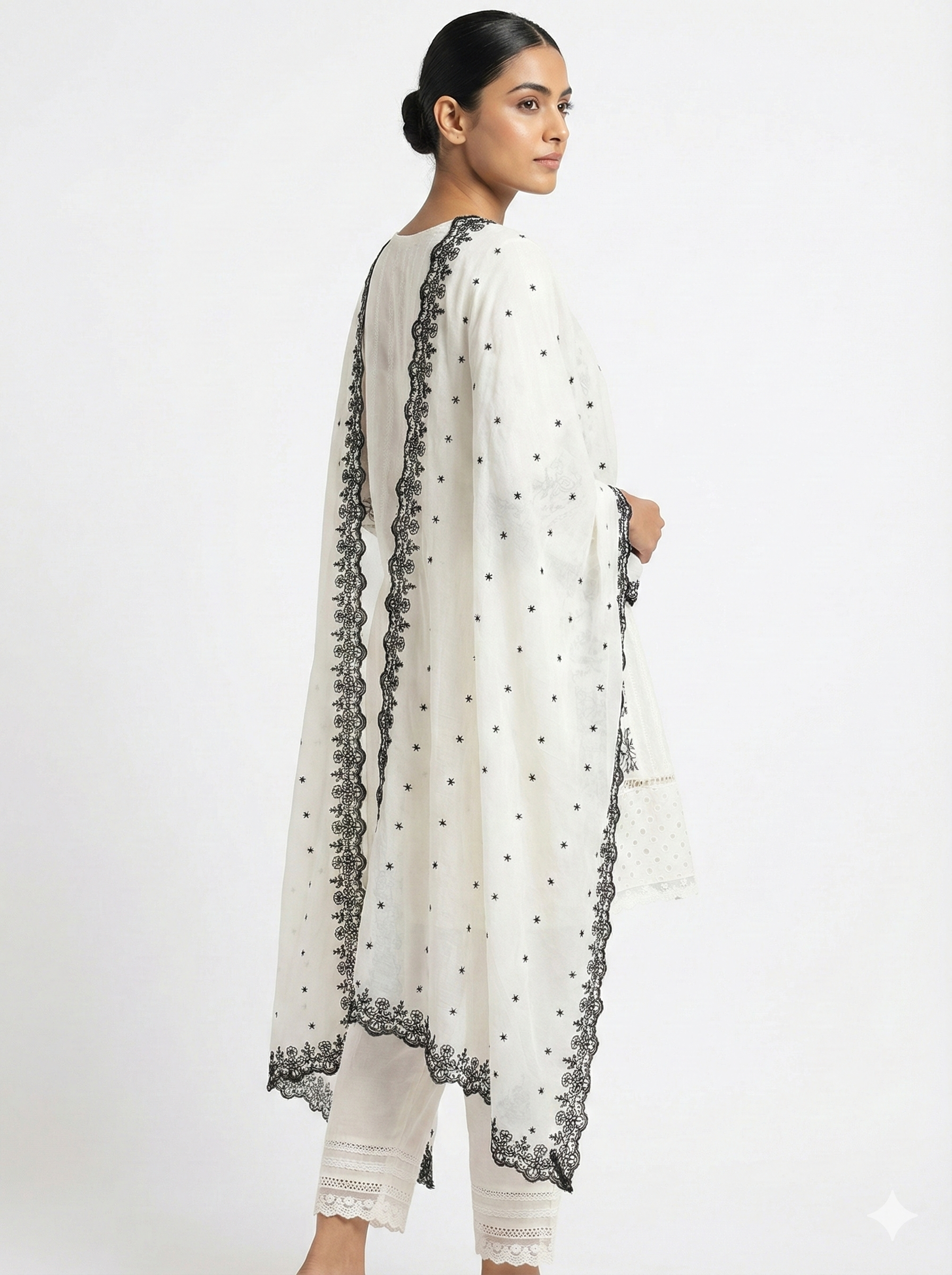 White Black Floral Embroidered Kurta Dupatta Set