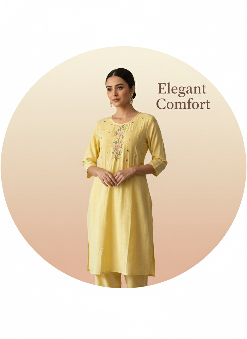 Soft Yellow Floral Embroidered Straight Kurta