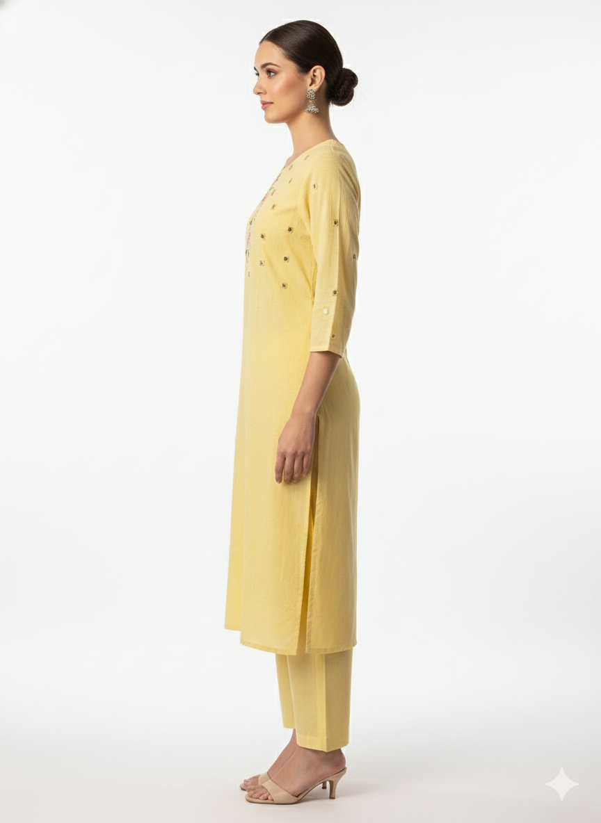 Soft Yellow Floral Embroidered Straight Kurta