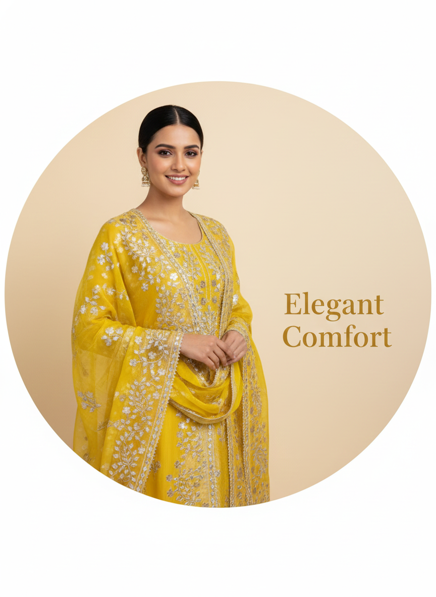 Yellow Festive Embroidered Suit Set with Heavy Dupatta
