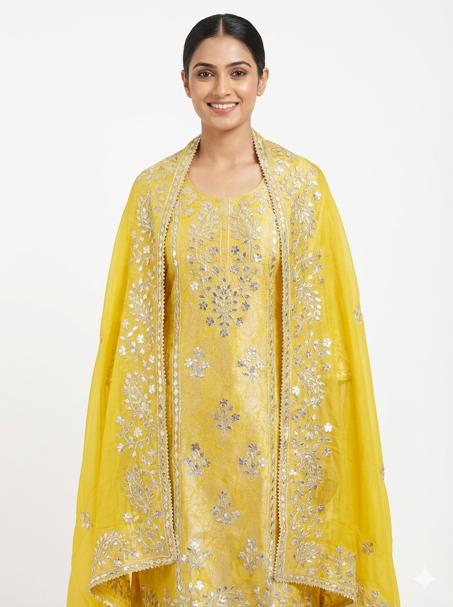 Yellow Festive Embroidered Suit Set with Heavy Dupatta
