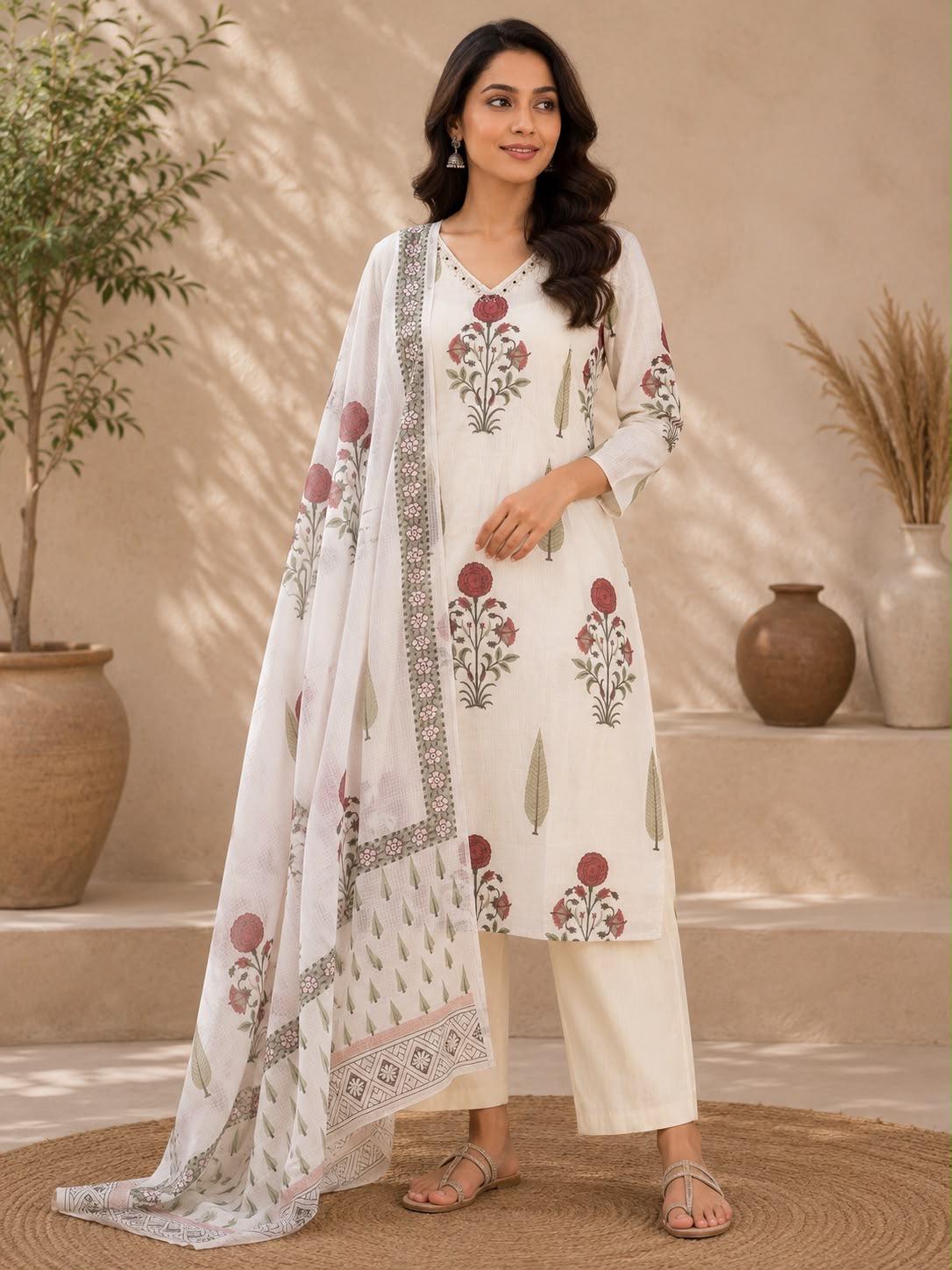 Off White Floral Buta Block Print V-Neck Kurta Pant Dupatta Set