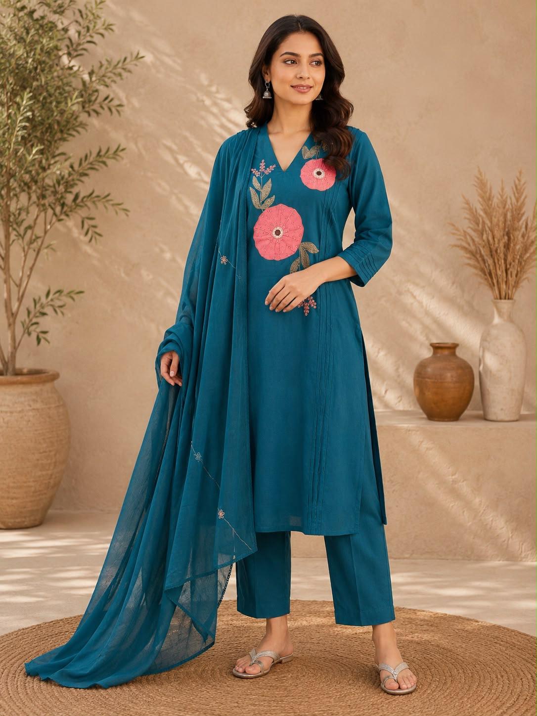 Teal Blue 3D Applique Flower Pintuck Straight Kurta Pant Dupatta Set