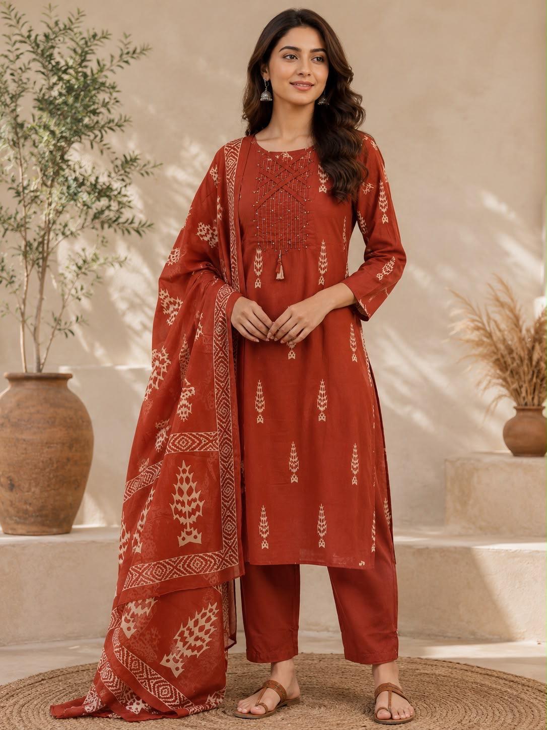 Rust Brick Red Ikat Tribal Print Bead Embroidered Yoke Kurta Pant Dupatta Set