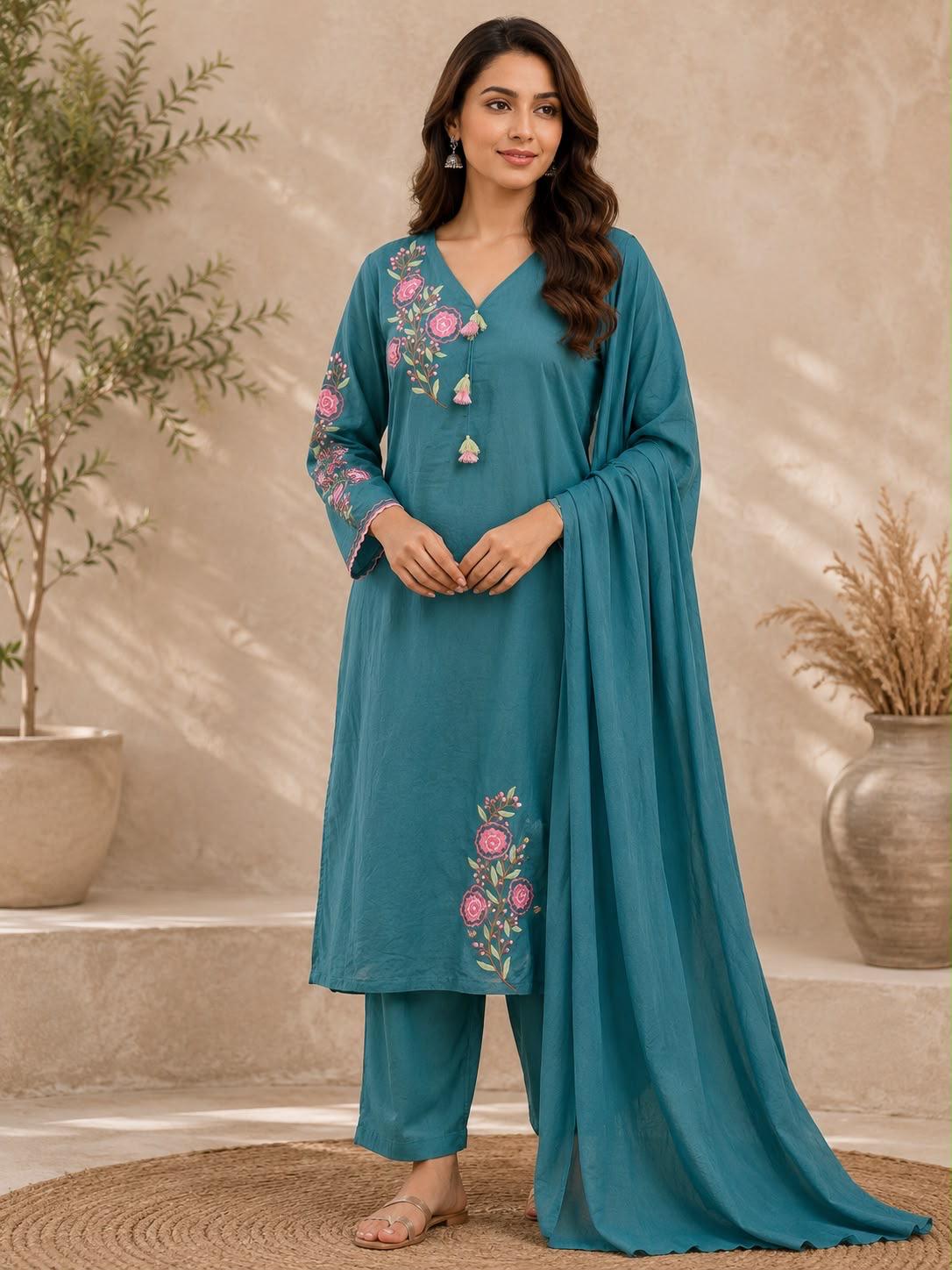 Teal Blue Floral Embroidered Full Sleeve Kurta Pant Dupatta Set