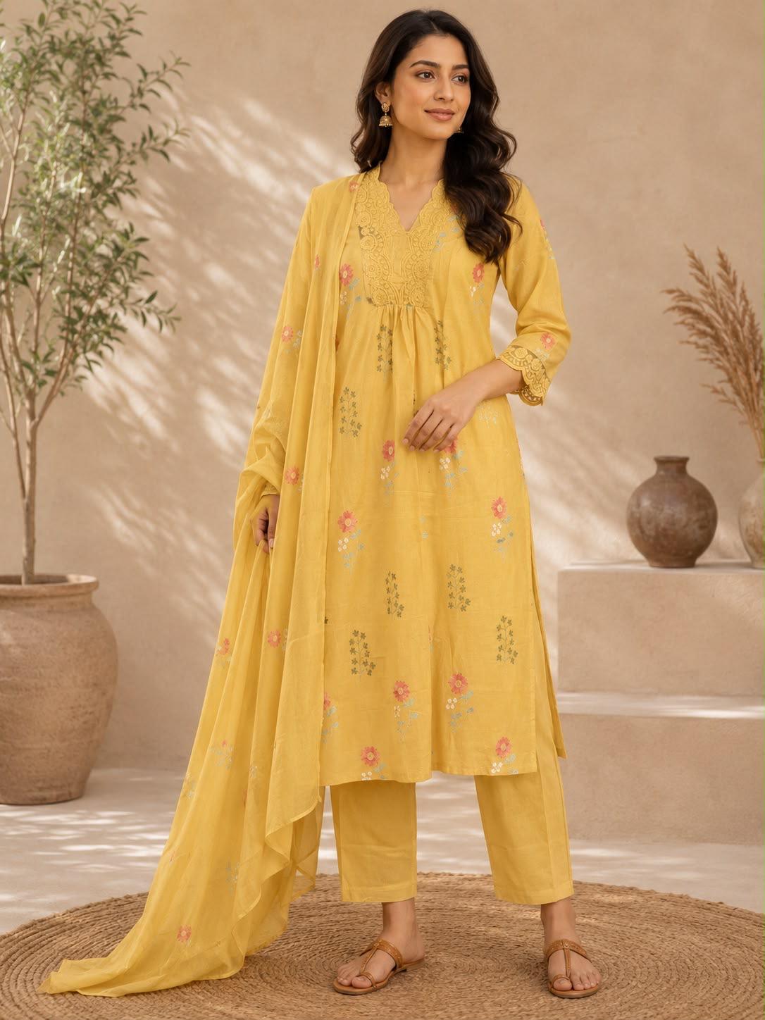 Sunshine Yellow Floral Print Lace Embroidered Neckline Anarkali Kurta Pant Dupatta Set