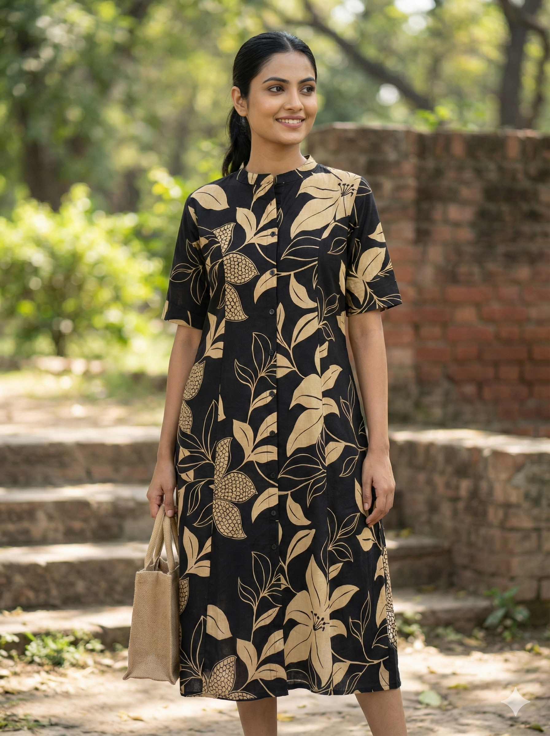 Black Beige Botanical Print Button Down Midi Shirt Dress