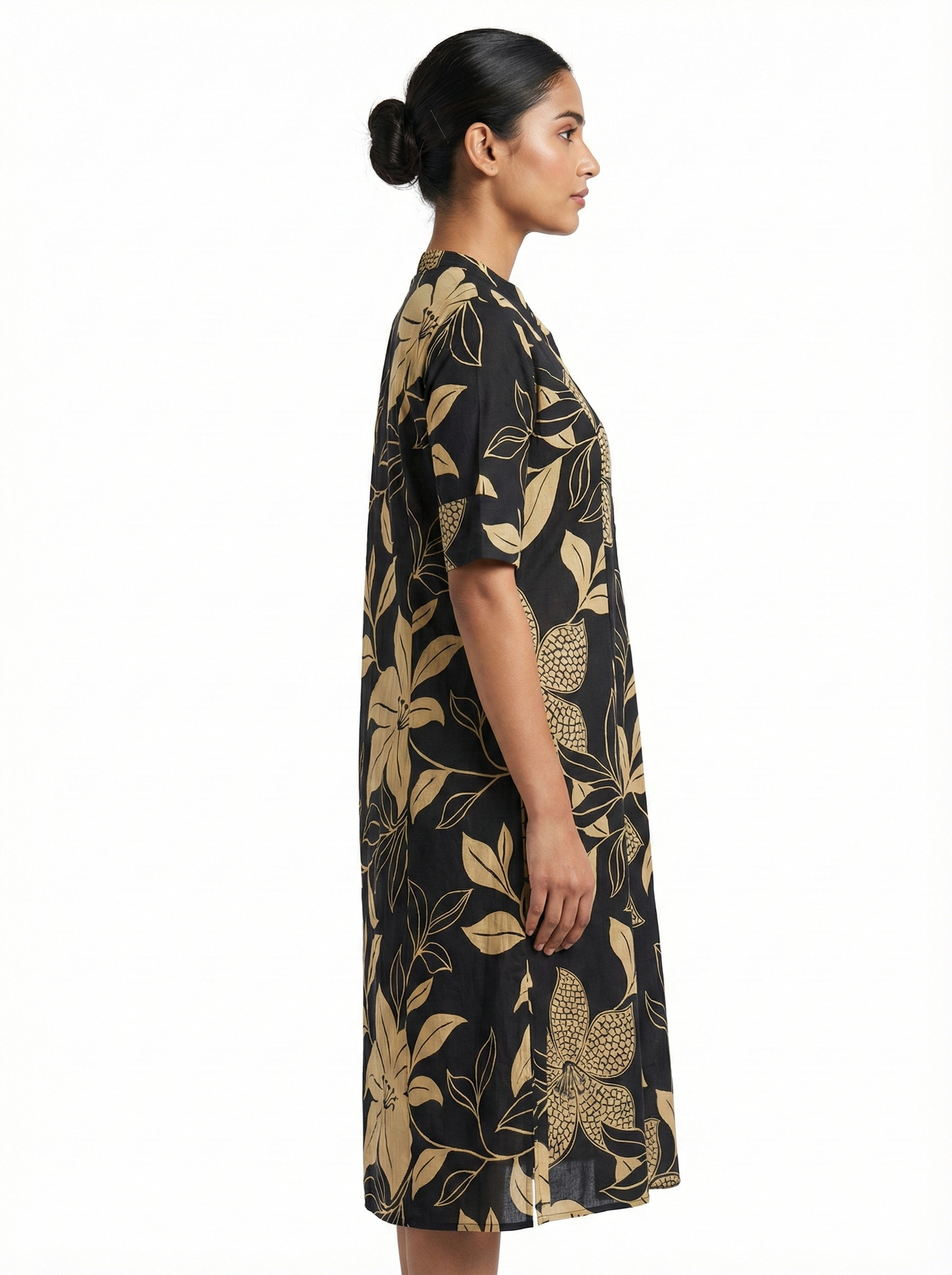 Black Beige Botanical Print Button Down Midi Shirt Dress