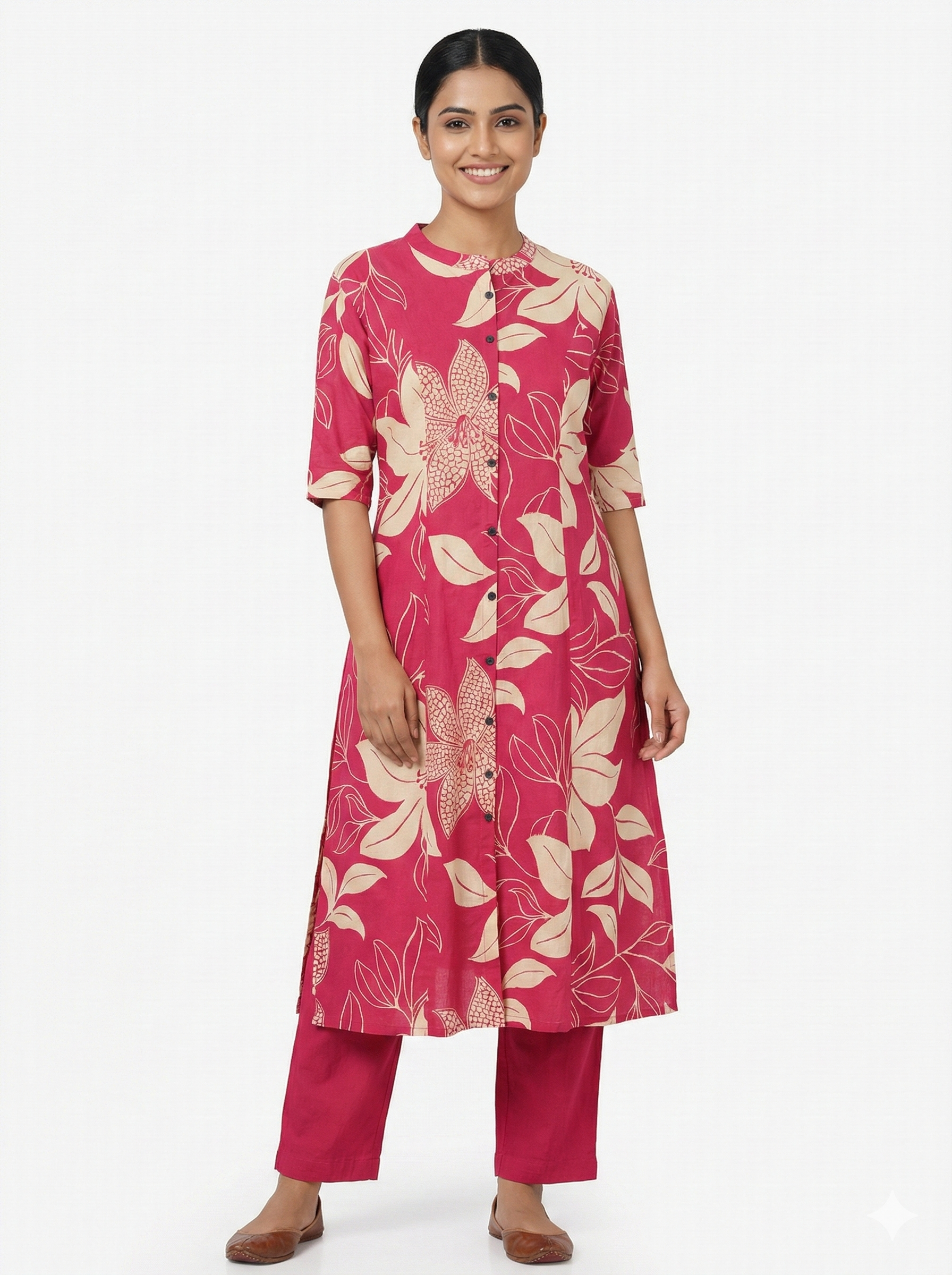 Pink Beige Botanical Print Kurta Pant Set