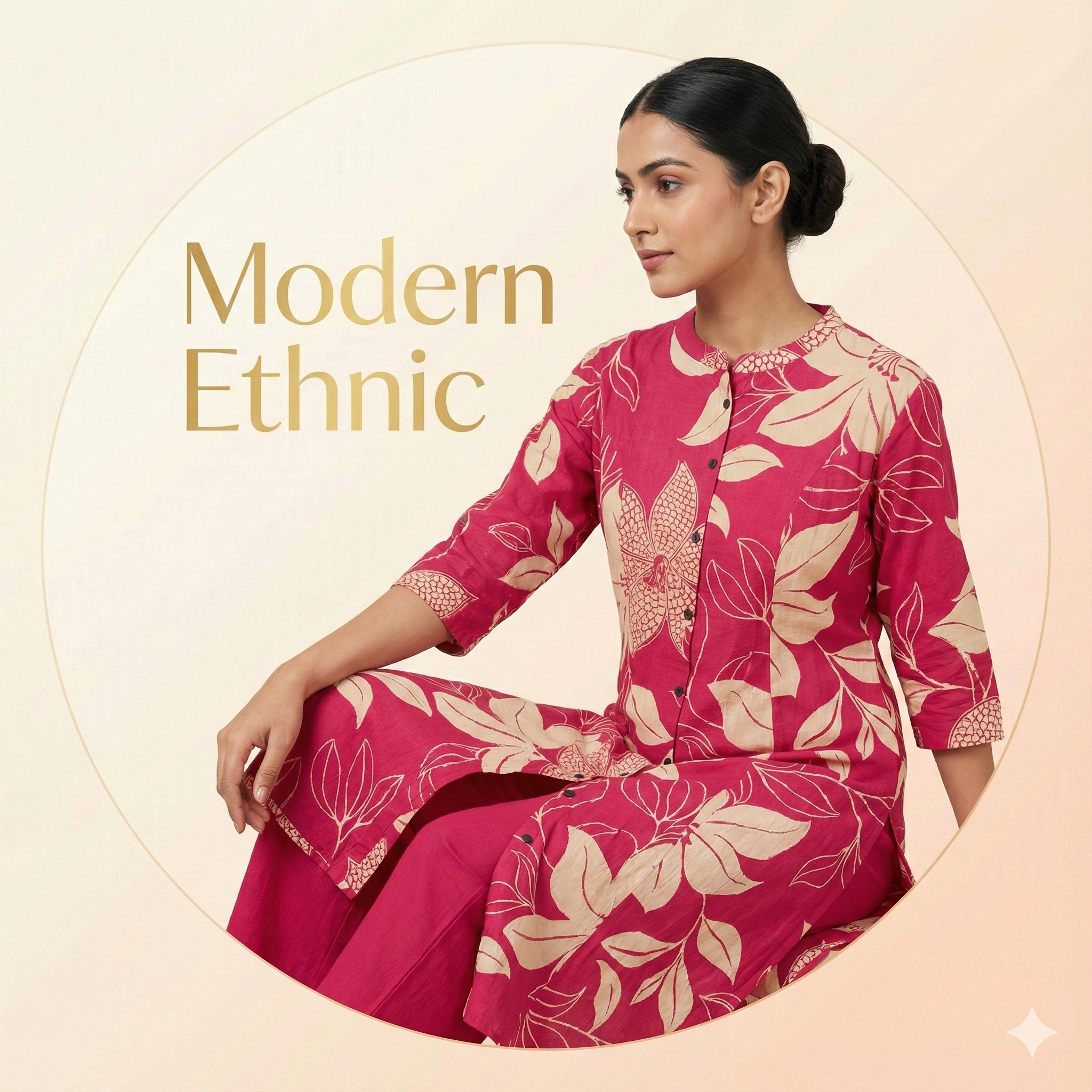 Pink Beige Botanical Print Kurta Pant Set
