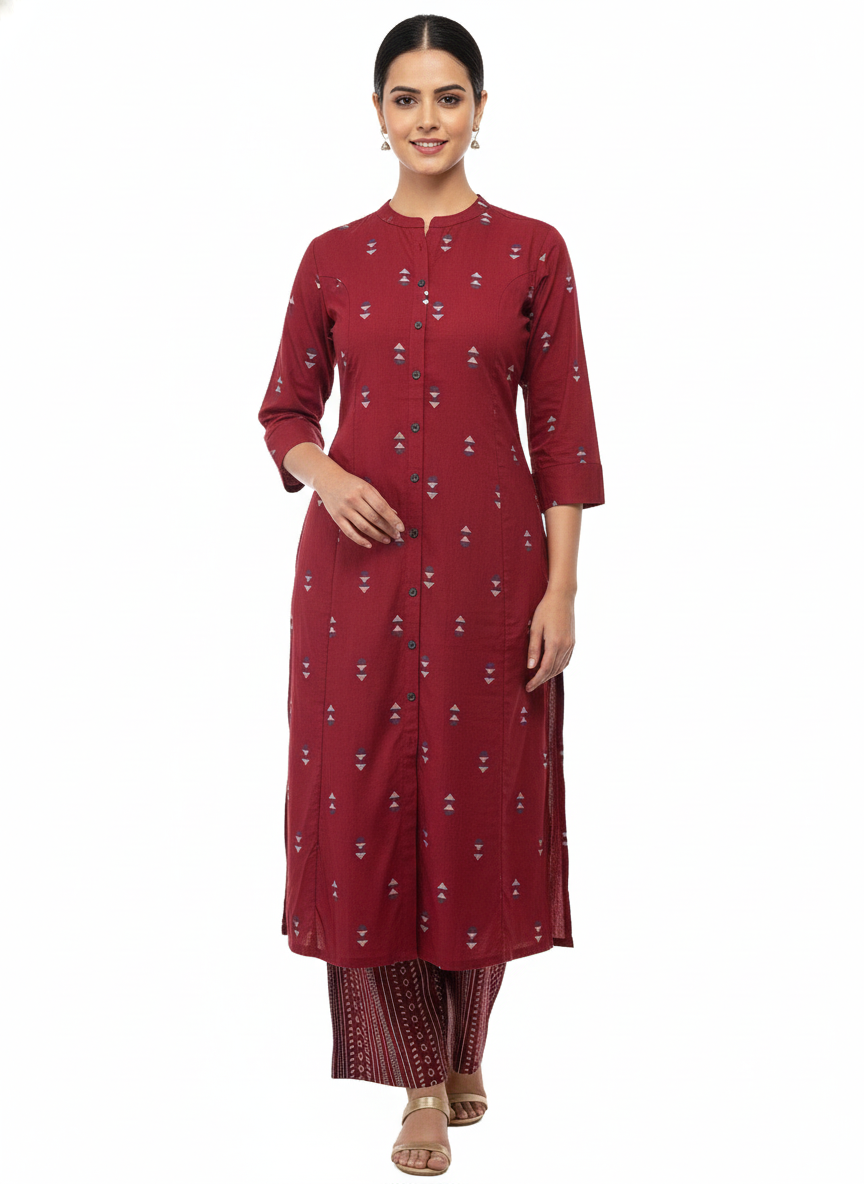 Maroon Geometric Print Button Front Kurta Set