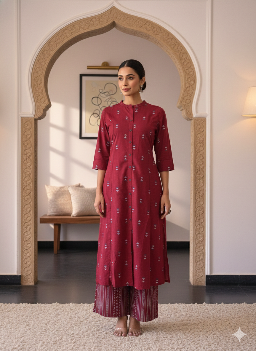 Maroon Geometric Print Button Front Kurta Set