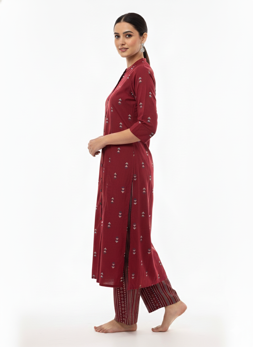 Maroon Geometric Print Button Front Kurta Set