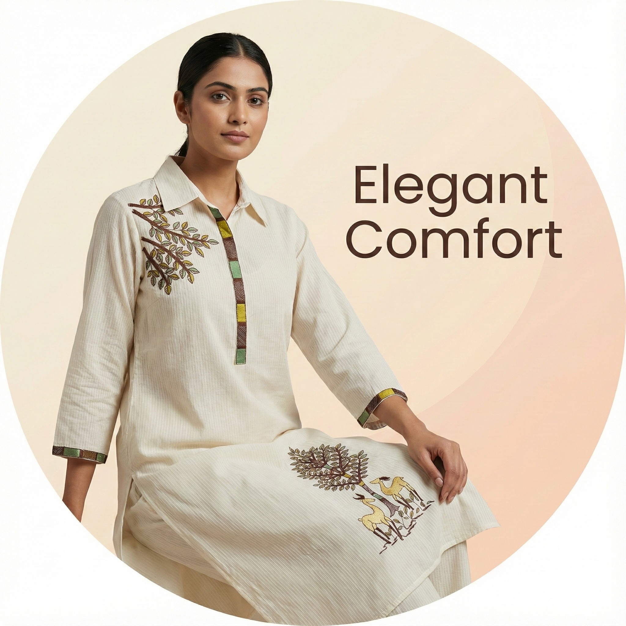 Ivory Nature Motif Embroidered Straight Kurta
