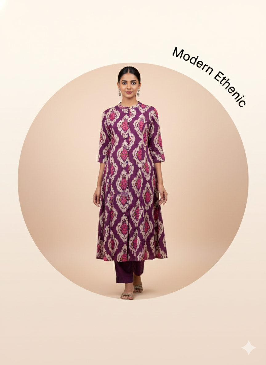 Purple Ikat Print Kurta Set with Button Detail