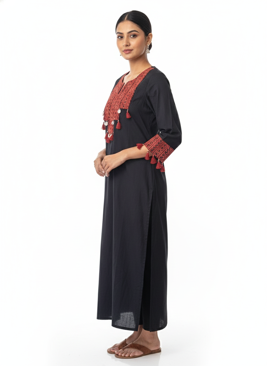 Black Kurta with Red Ethnic Embroidery and Tassel Detail