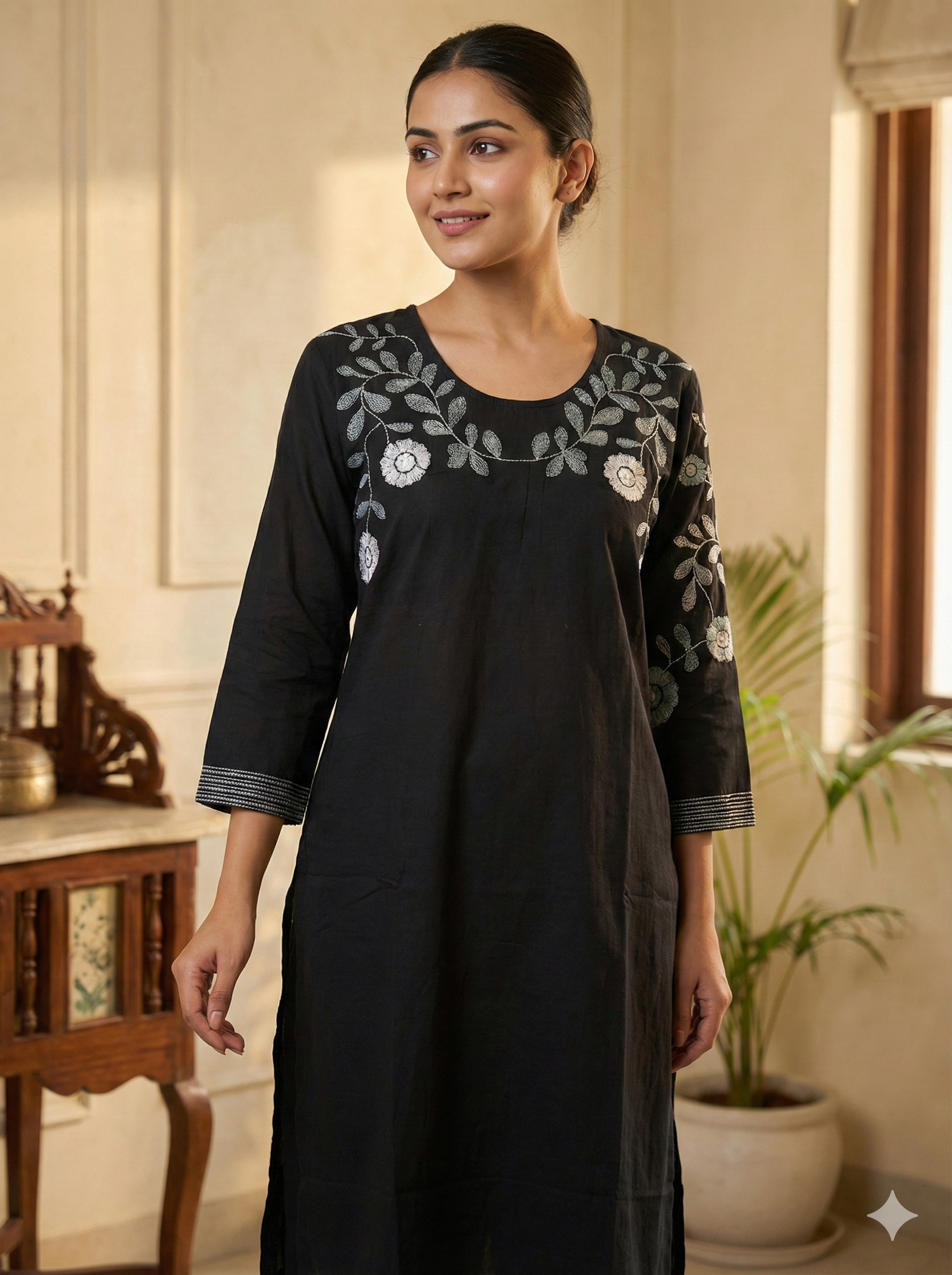 Black Floral Embroidered Cotton Kurta Set For Women