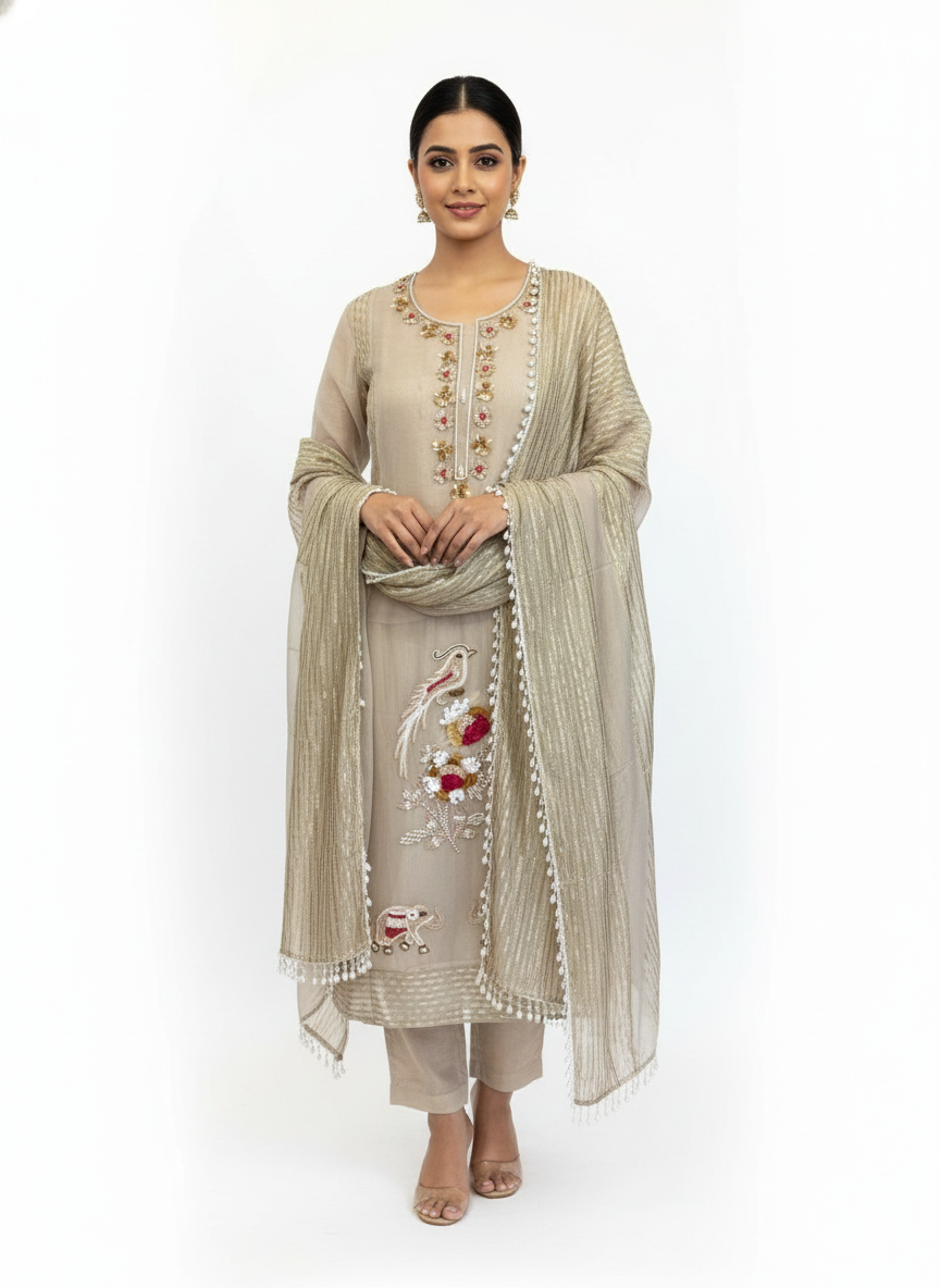Beige Embroidered Kurta Pant Dupatta Set for Women