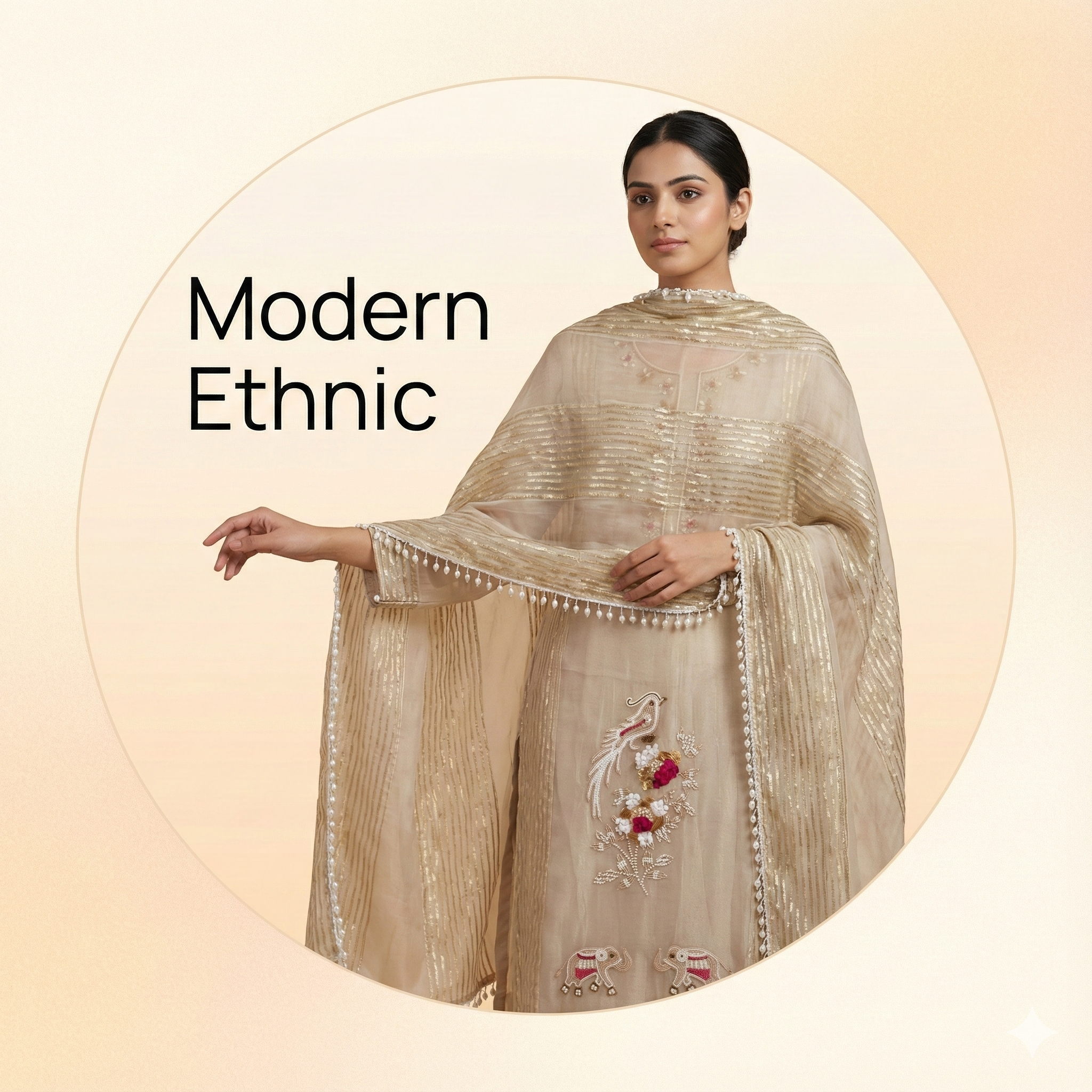 Beige Embroidered Kurta Pant Dupatta Set for Women