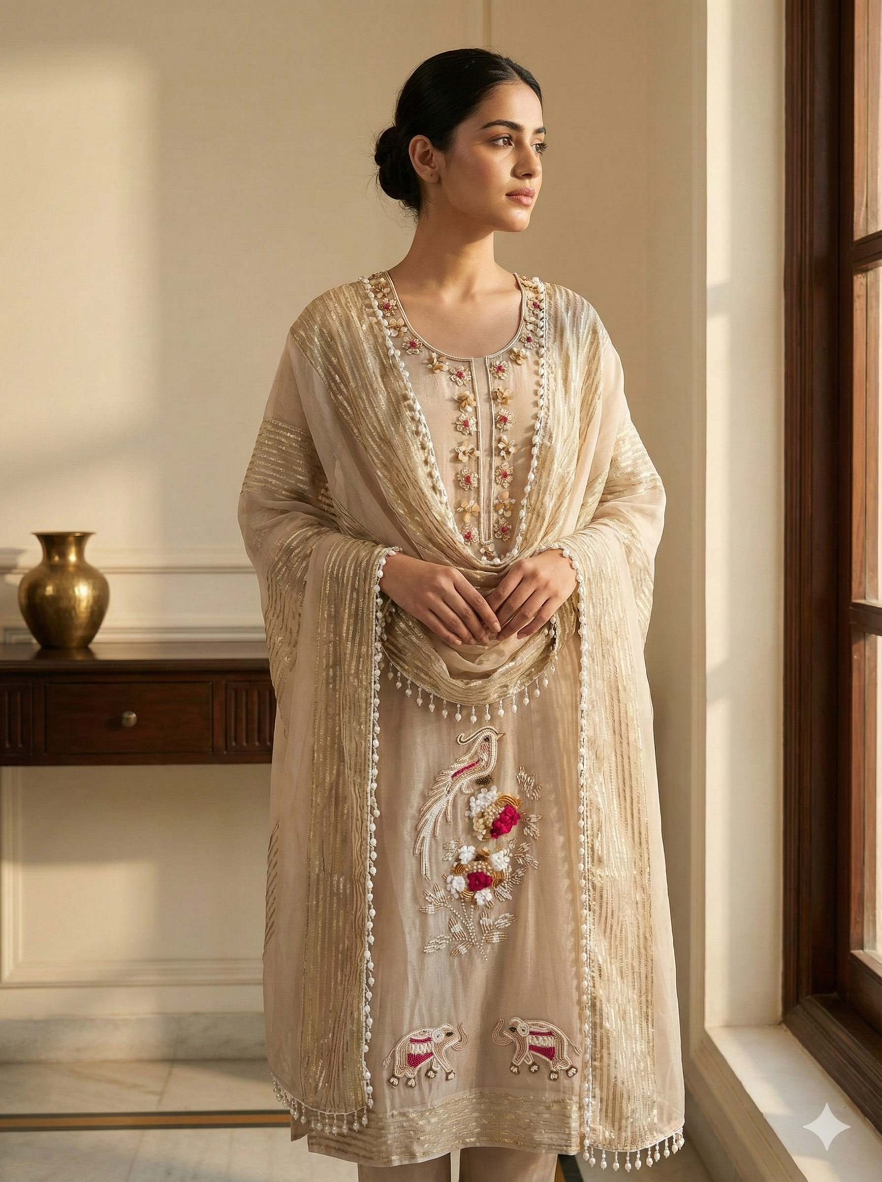Beige Embroidered Kurta Pant Dupatta Set for Women