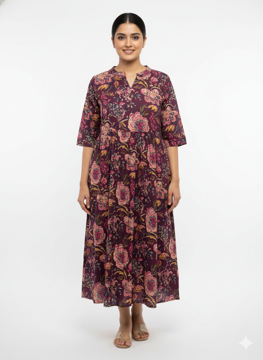 Maroon Floral Printed A Line Kurti for Women