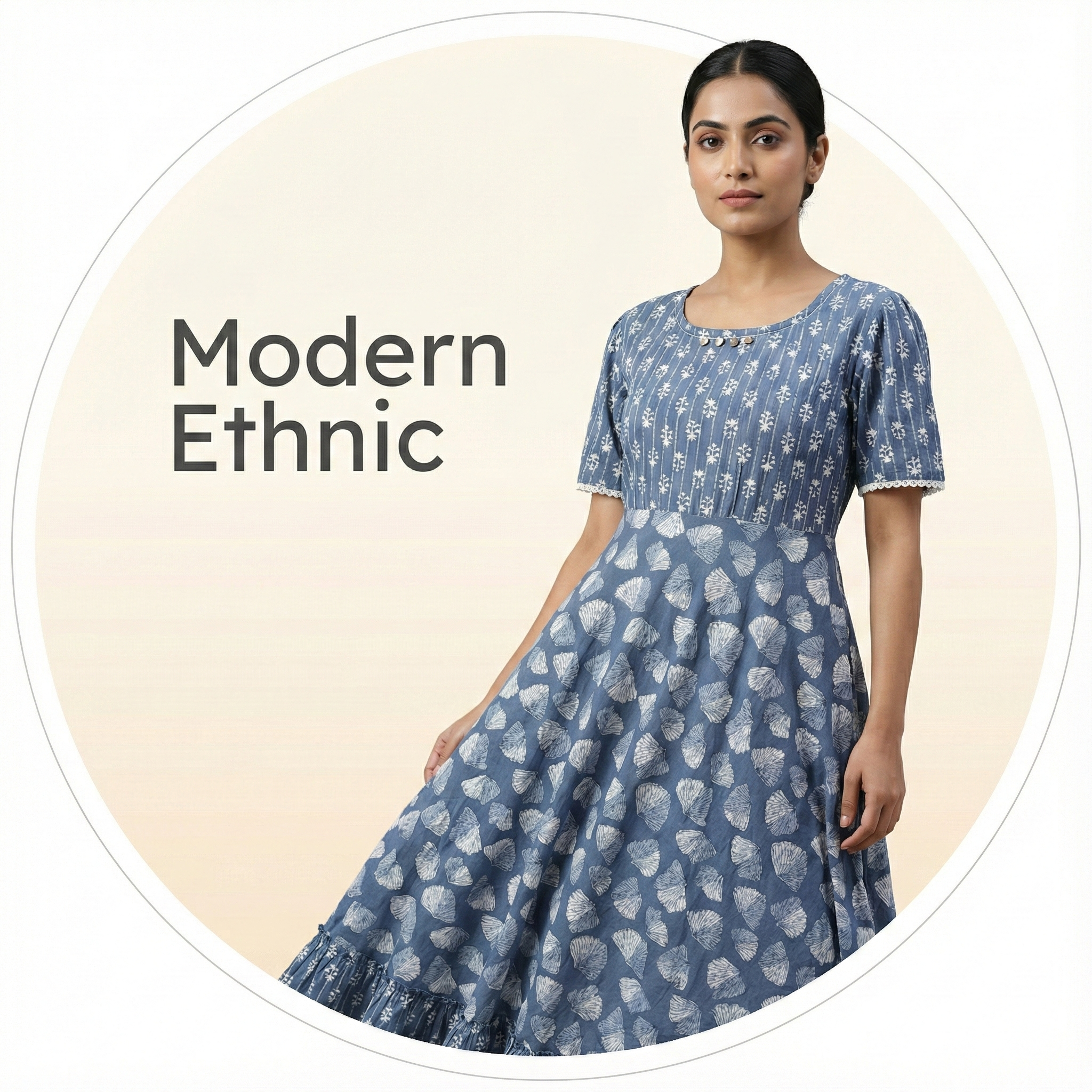 Blue Printed Cotton Flared Kurti for Women