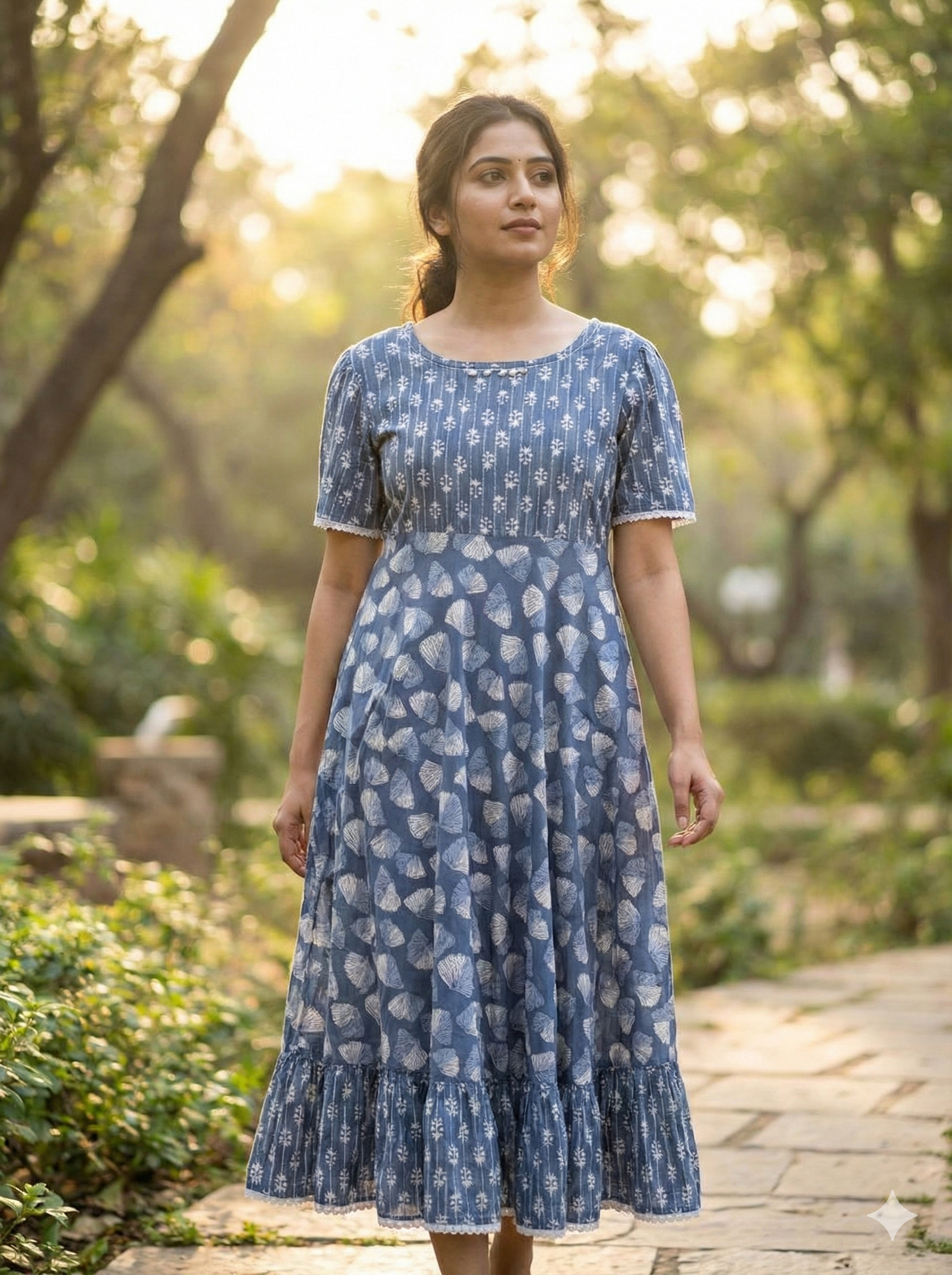 Blue Printed Cotton Flared Kurti for Women