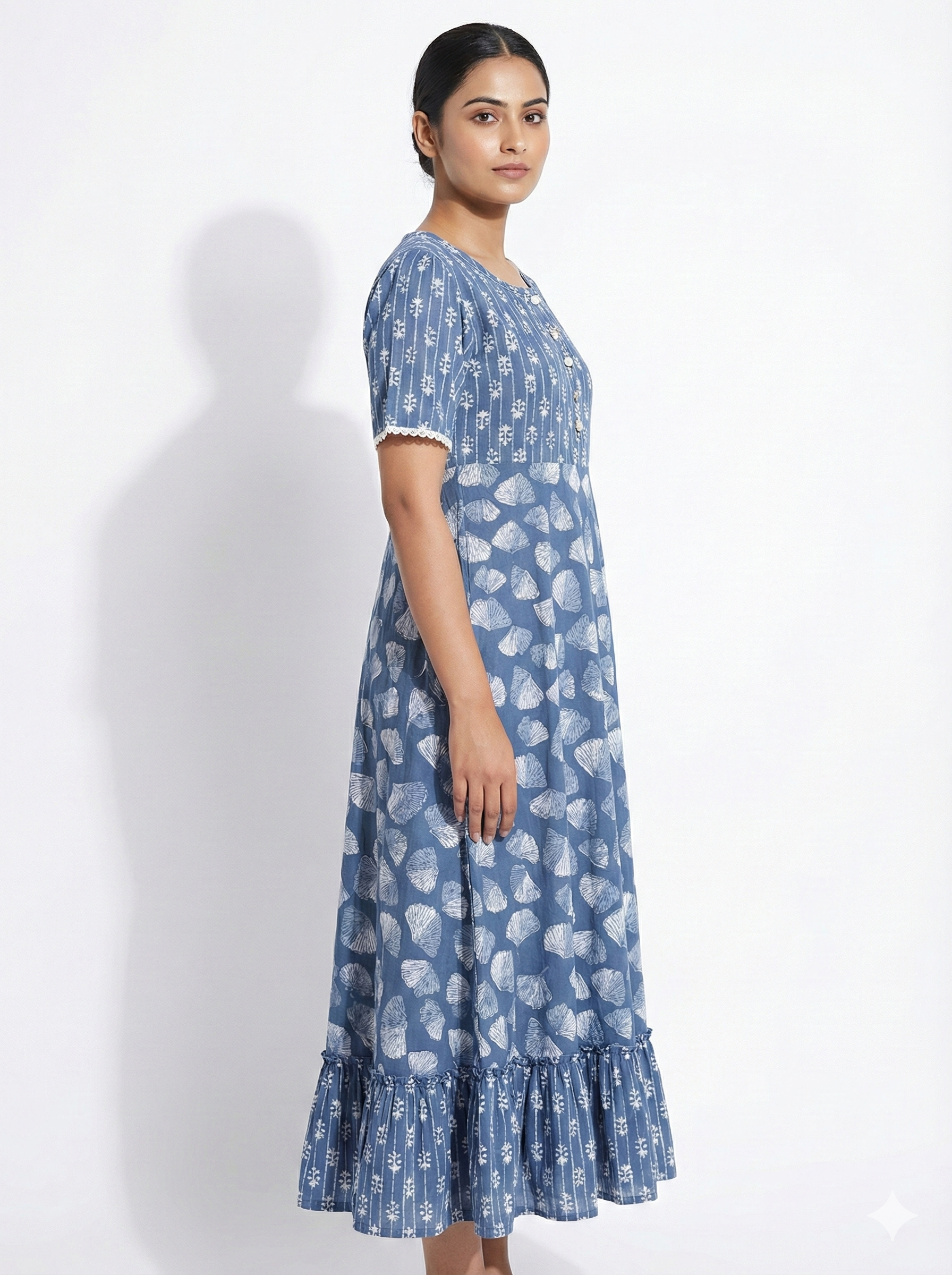 Blue Printed Cotton Flared Kurti for Women