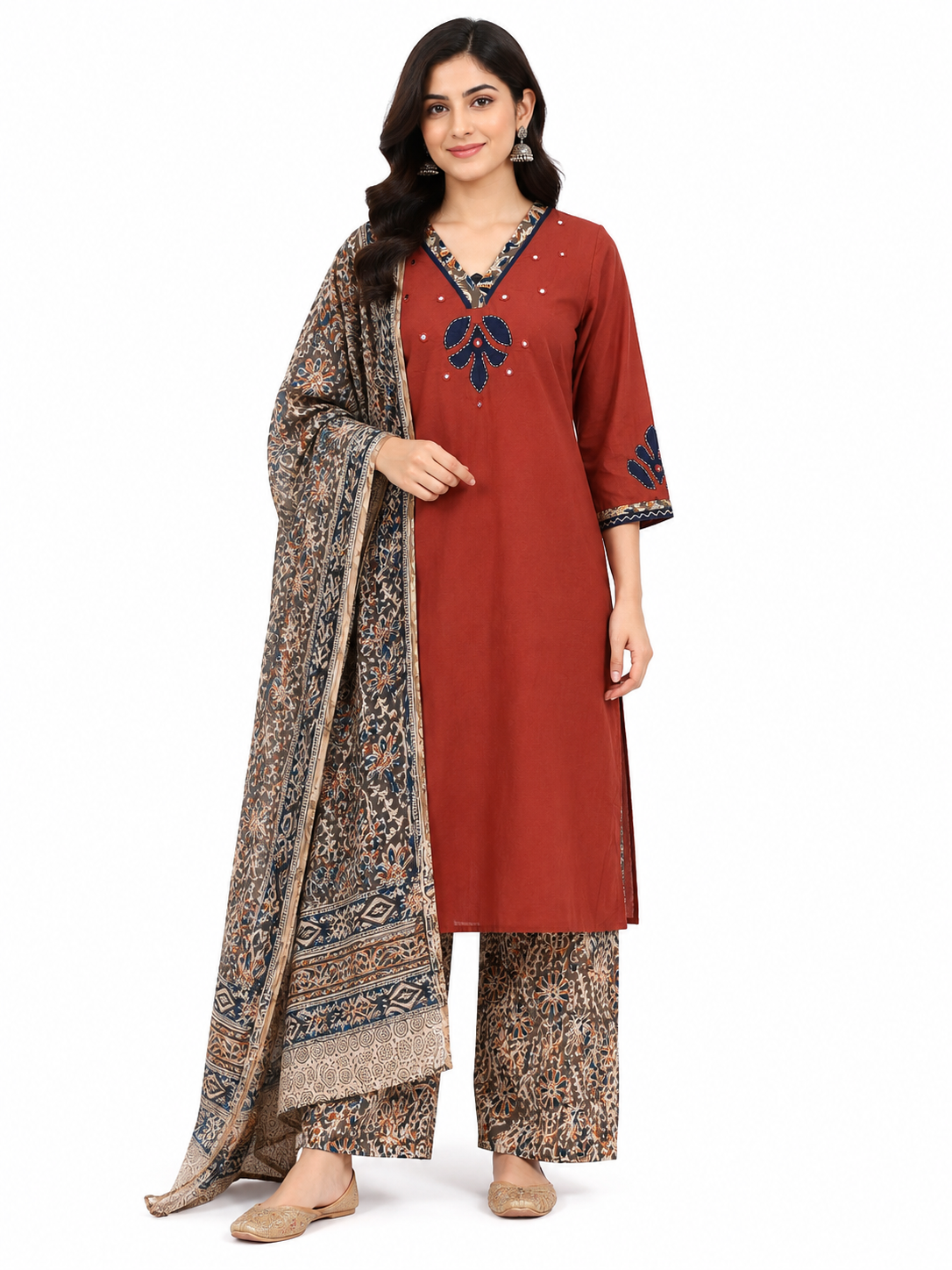 Rust Elegance Printed Cotton Suit Set with Floral Dupatta