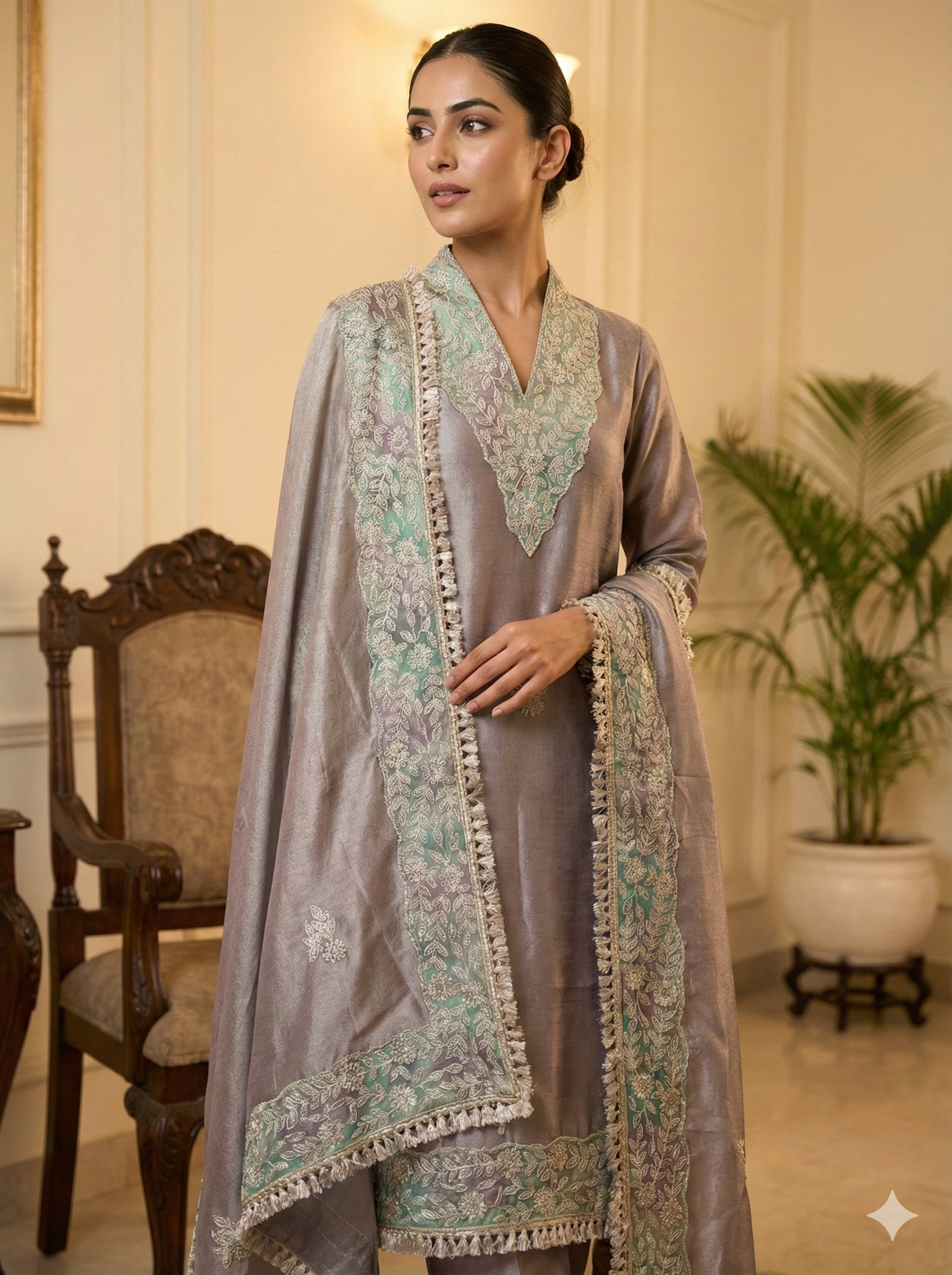 Peach Chanderi Embroidered Suit Set with Designer Dupatta
