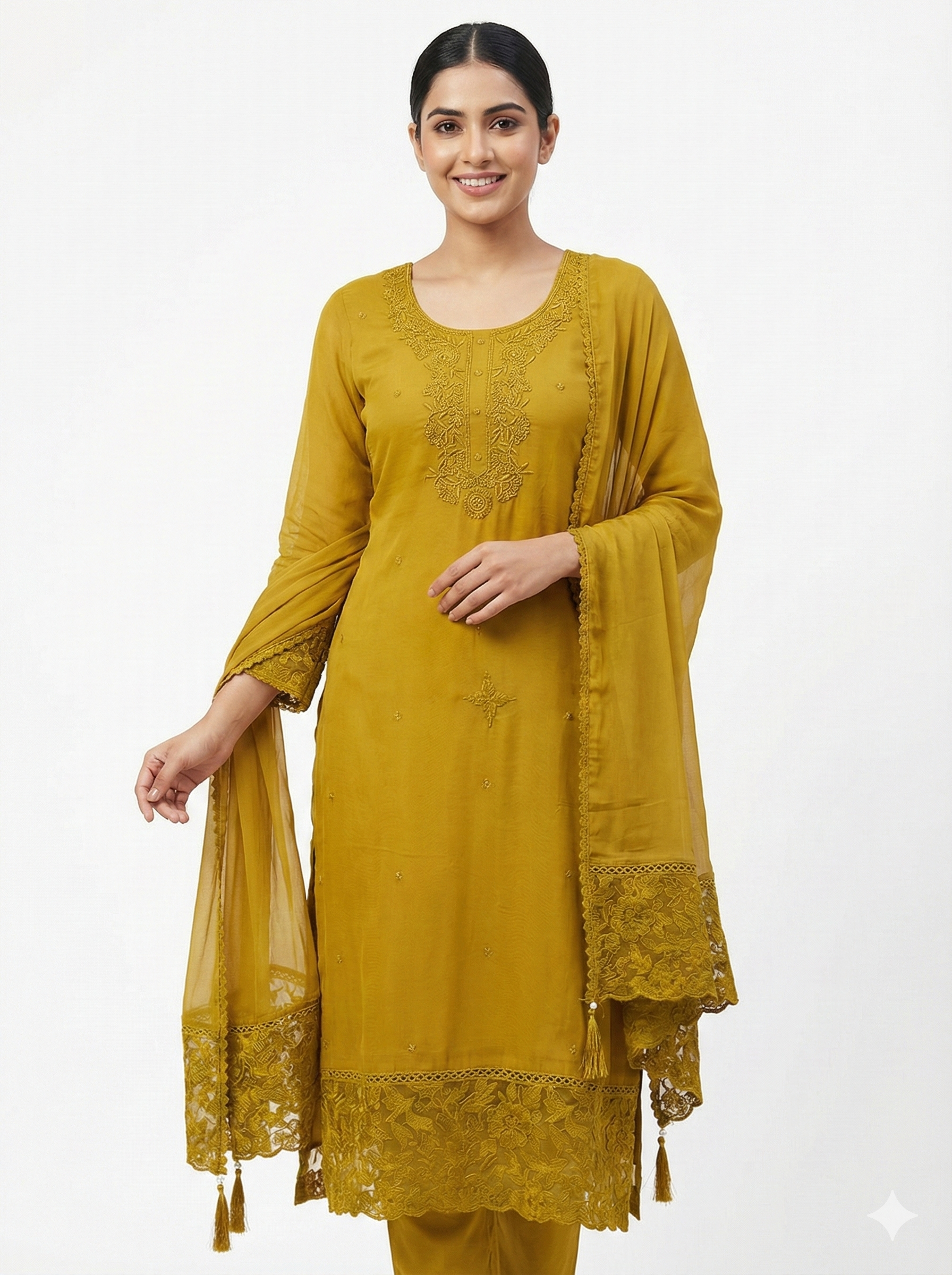 Mustard Embroidered Kurta Set with Dupatta