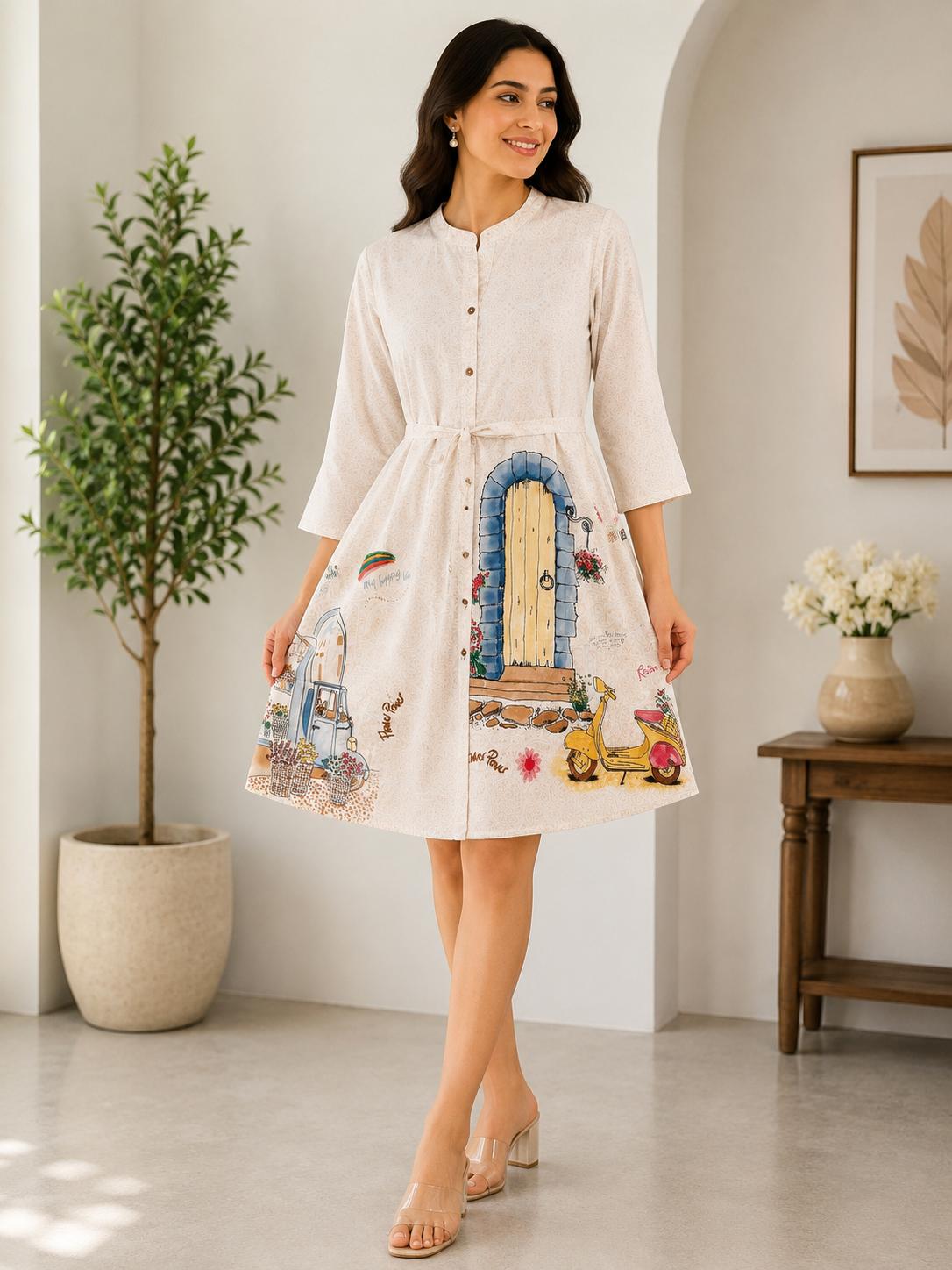 Cream Illustrated Santorini Scene Button-Down Fit & Flare Dress