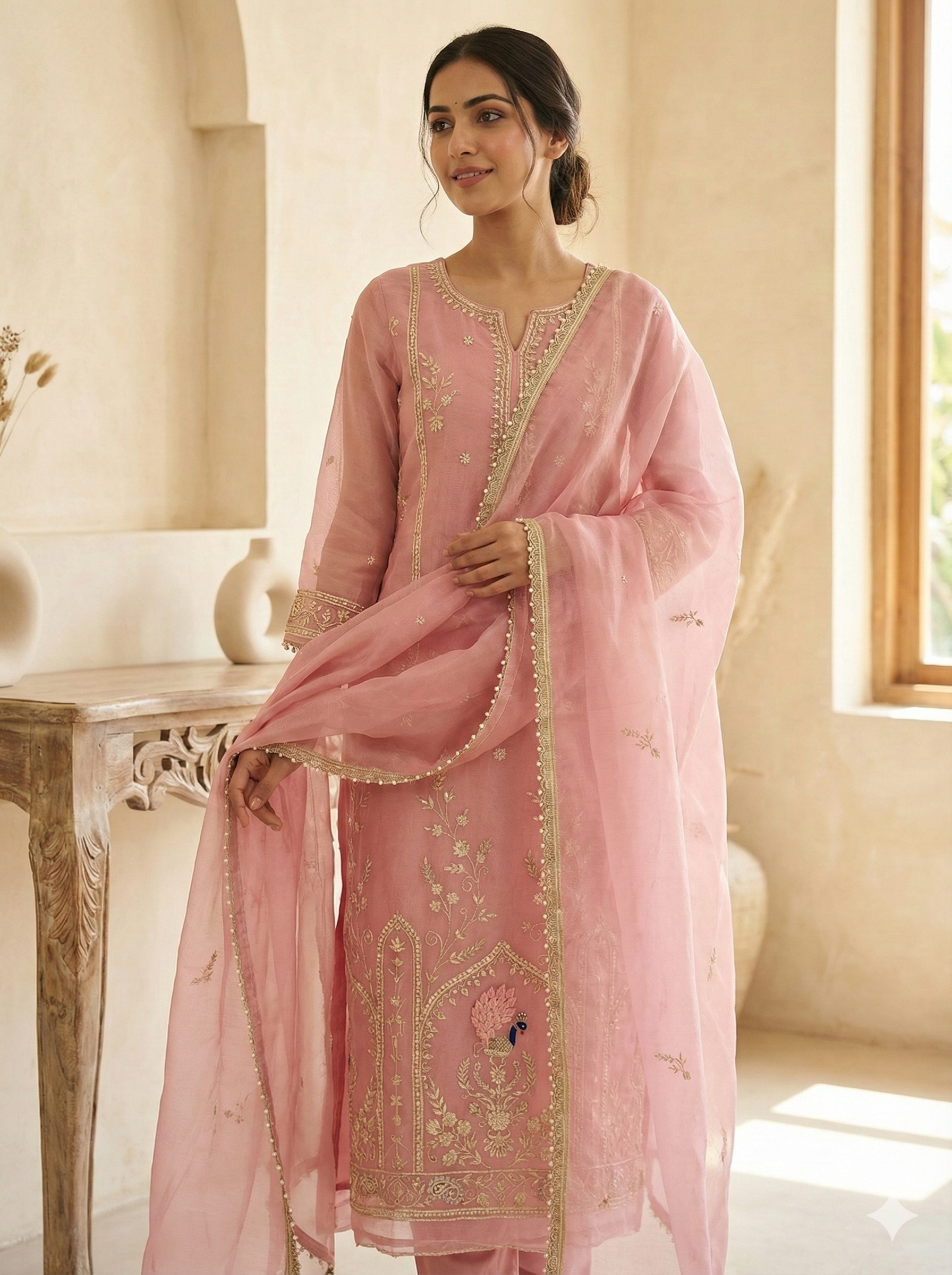 Blush Pink Embroidered Ethnic Suit Set with Dupatta
