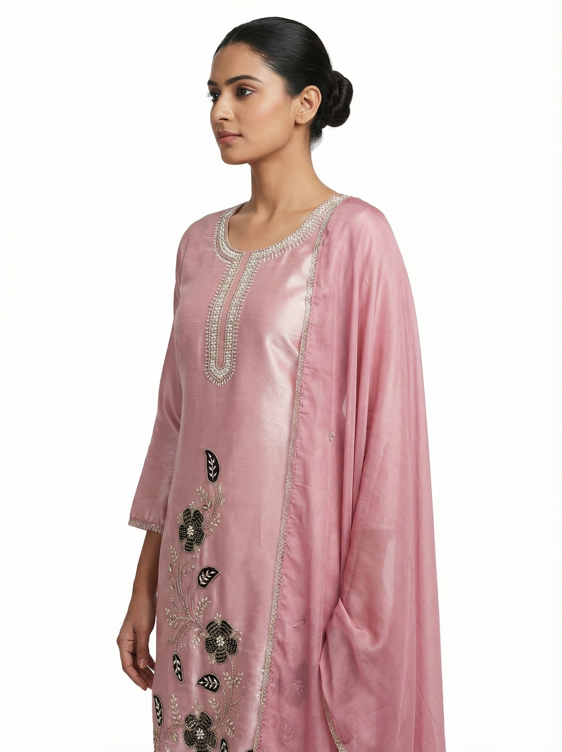Rose Pink Floral Embroidered Suit Set with Dupatta