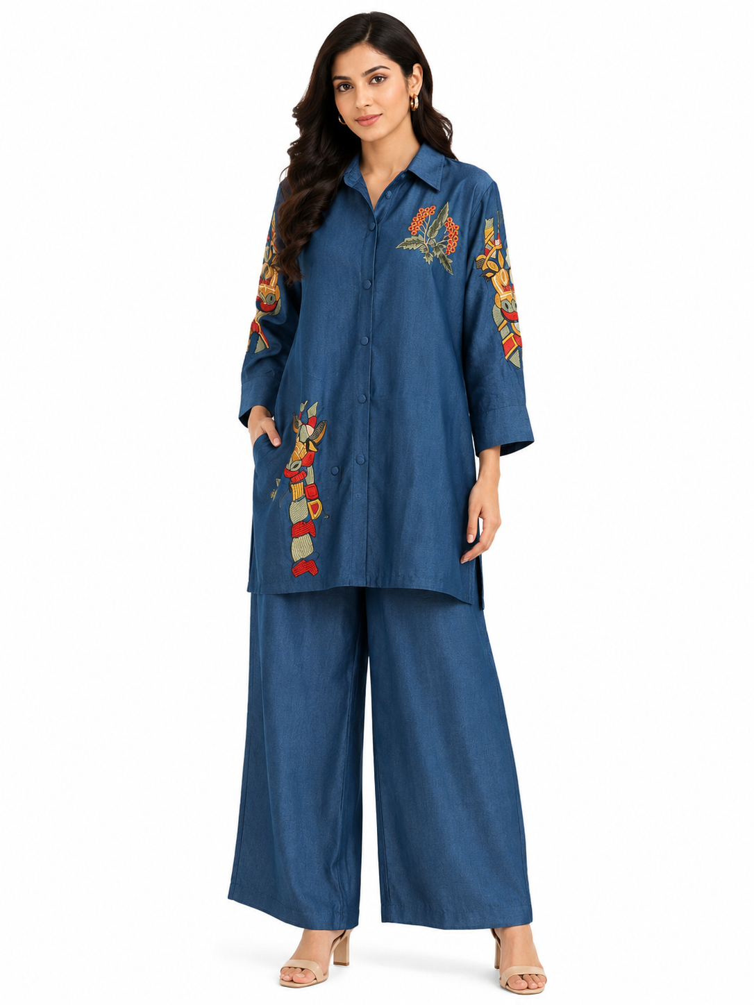 Denim Blue Embroidered Co-Ord Set for Women – Premium Shirt & Wide Leg Pants