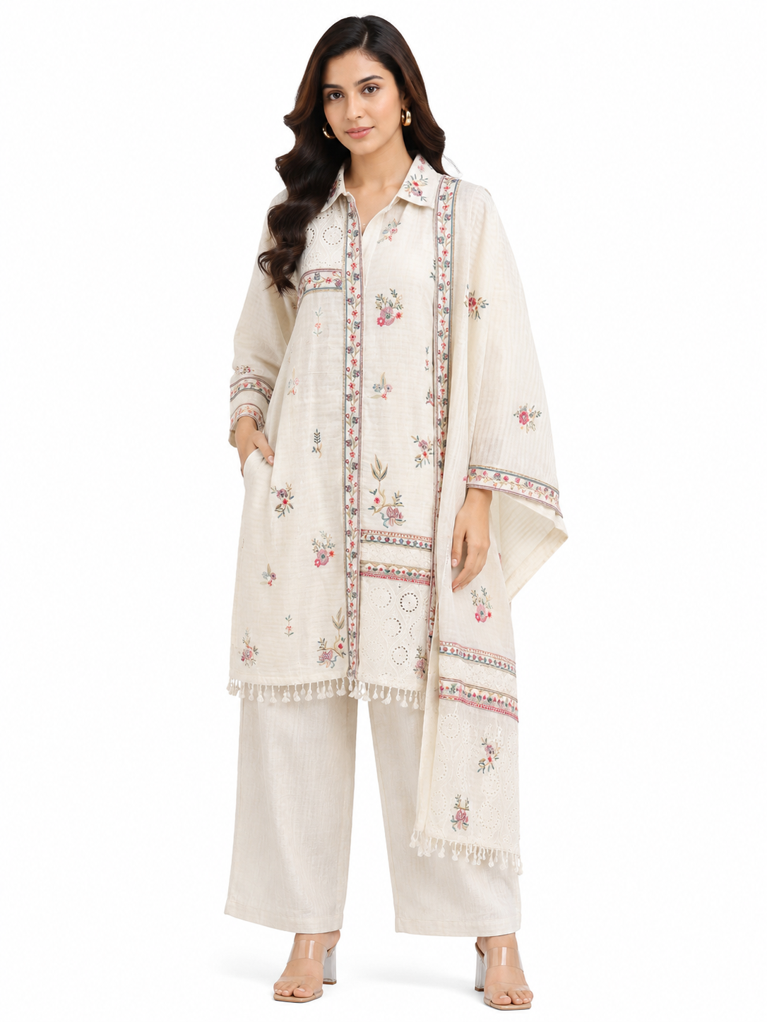 Ivory Floral Embroidered 3 Piece Lawn Suit with Dupatta