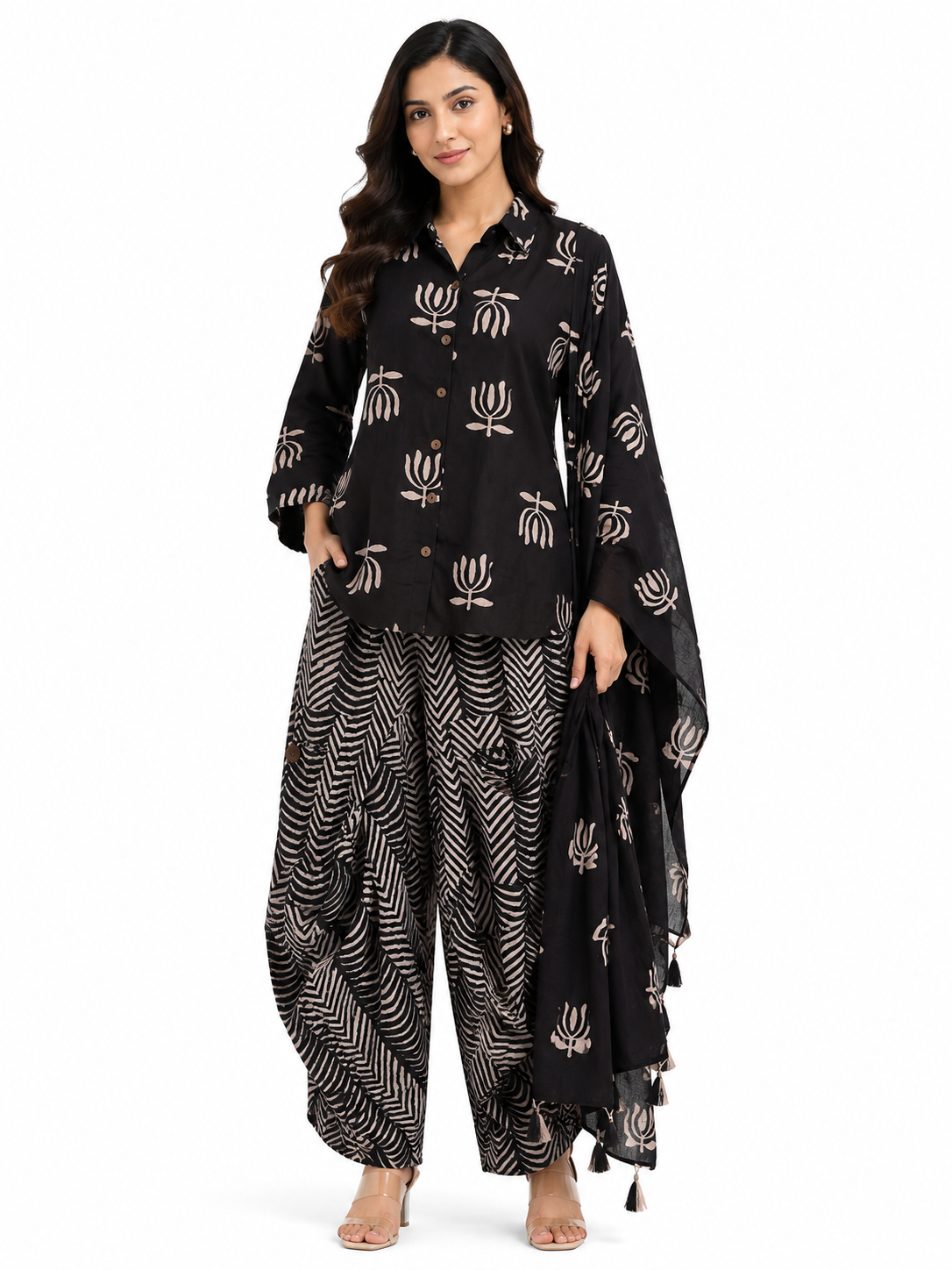 Black Printed Co-Ord Set for Women – Stylish Shirt & Draped Palazzo Set