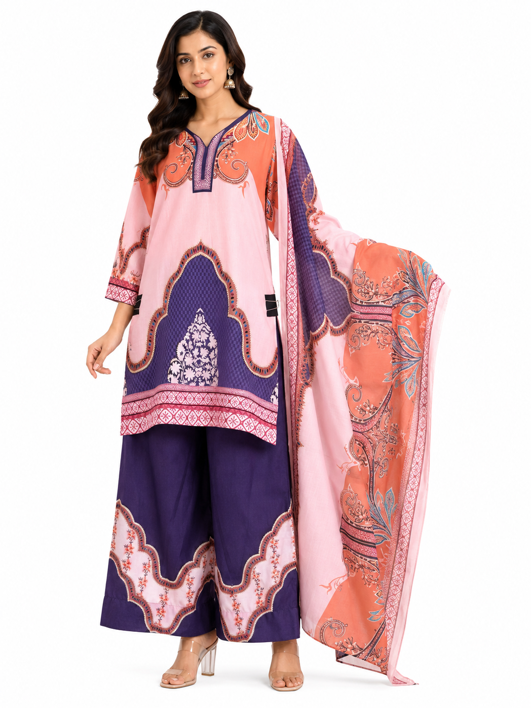 Peach & Purple Printed Co-Ord Set for Women – Designer Kurti & Palazzo Set