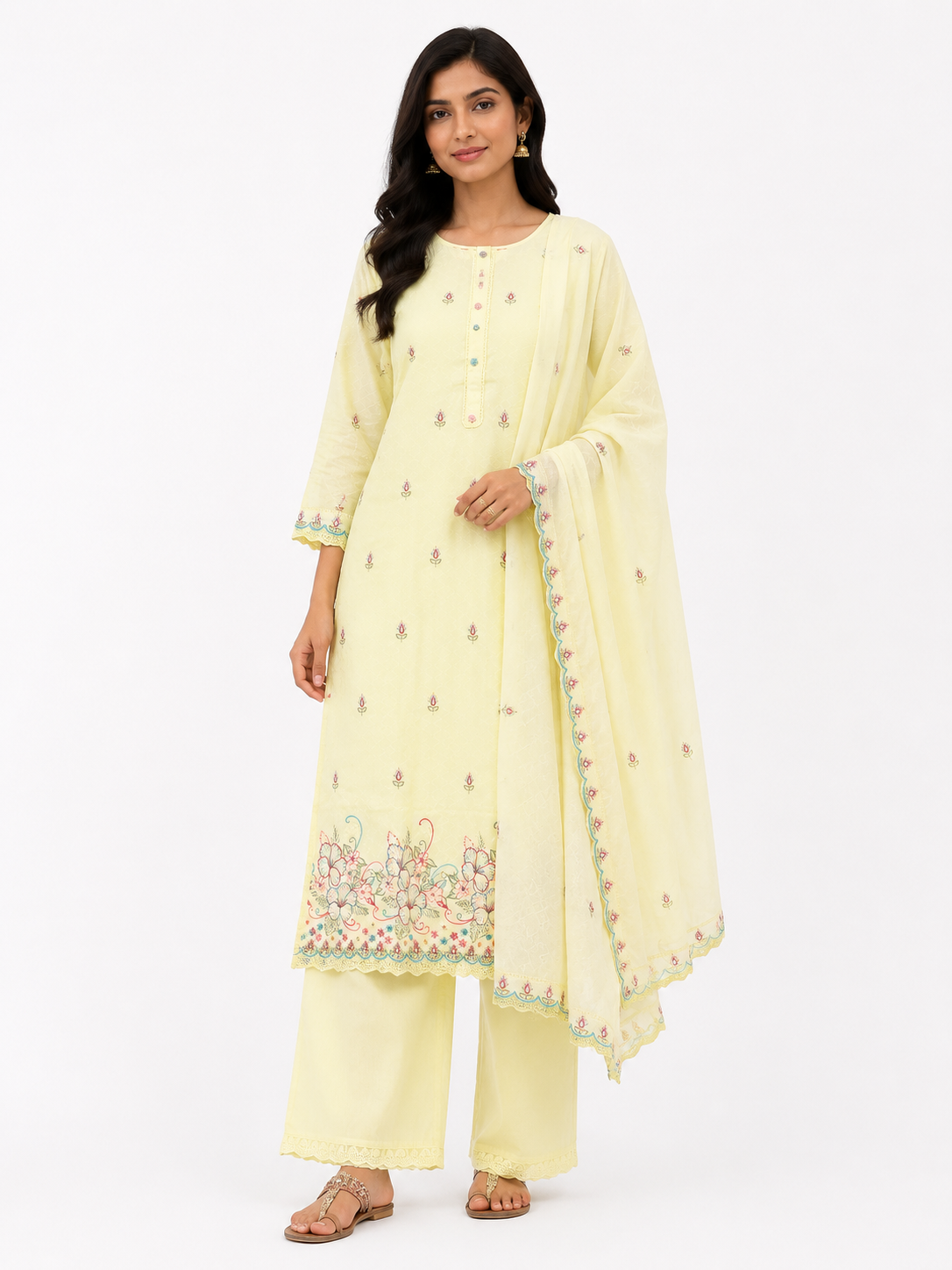 Pastel Yellow Embroidered Cotton Suit Set with Dupatta for Women