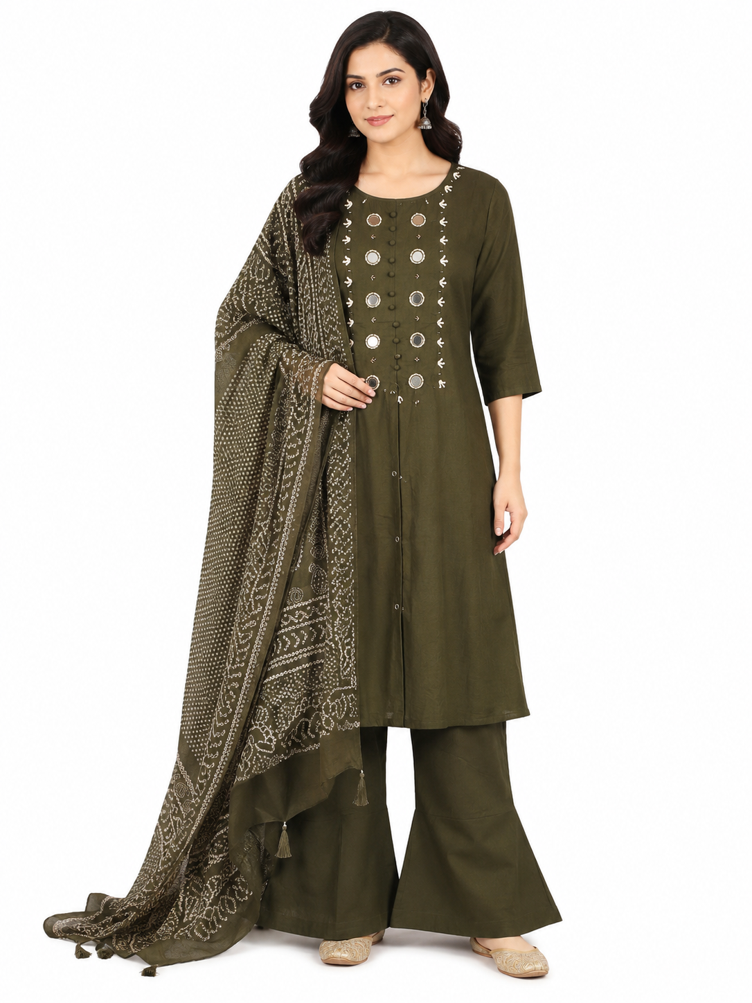Olive Green Mirror Work Kurta Pant Set with Bandhani Print Dupatta