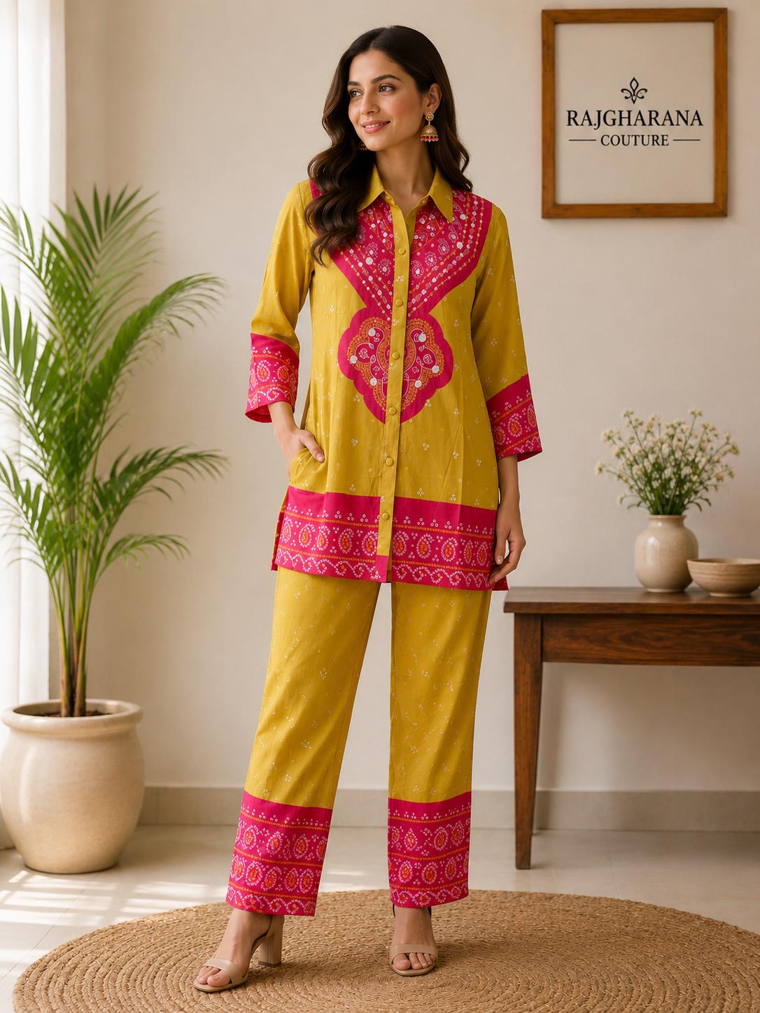 Mustard Yellow Bandhani Print Mirror Work Shirt & Straight Pants Co-Ord Set