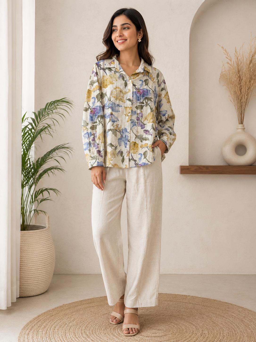 Off White Watercolour Floral Print Oversized Shirt & Wide-Leg Pants Co-Ord Set