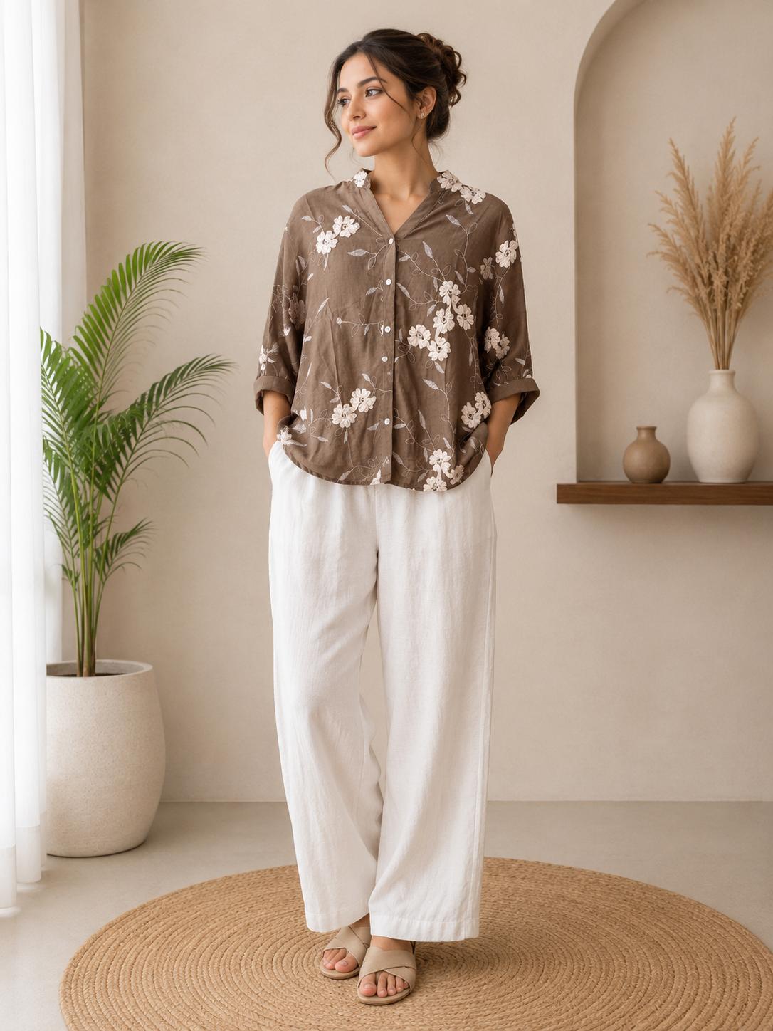 Mocha Brown Daisy Floral Print Open-Collar Top & White Wide-Leg Pants Co-Ord Set
